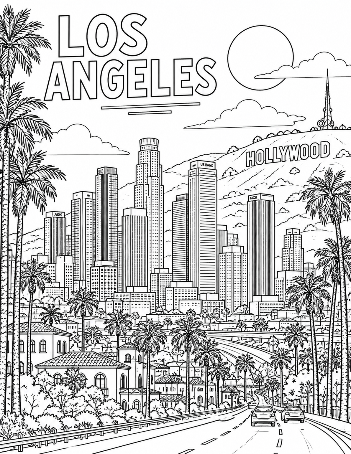 Los Angeles Skyline and Palms coloring page