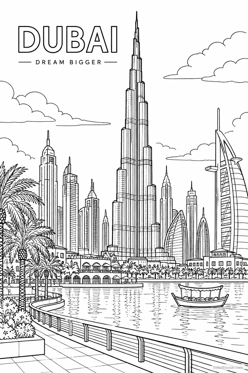 Dubai Skyline by the Water coloring page