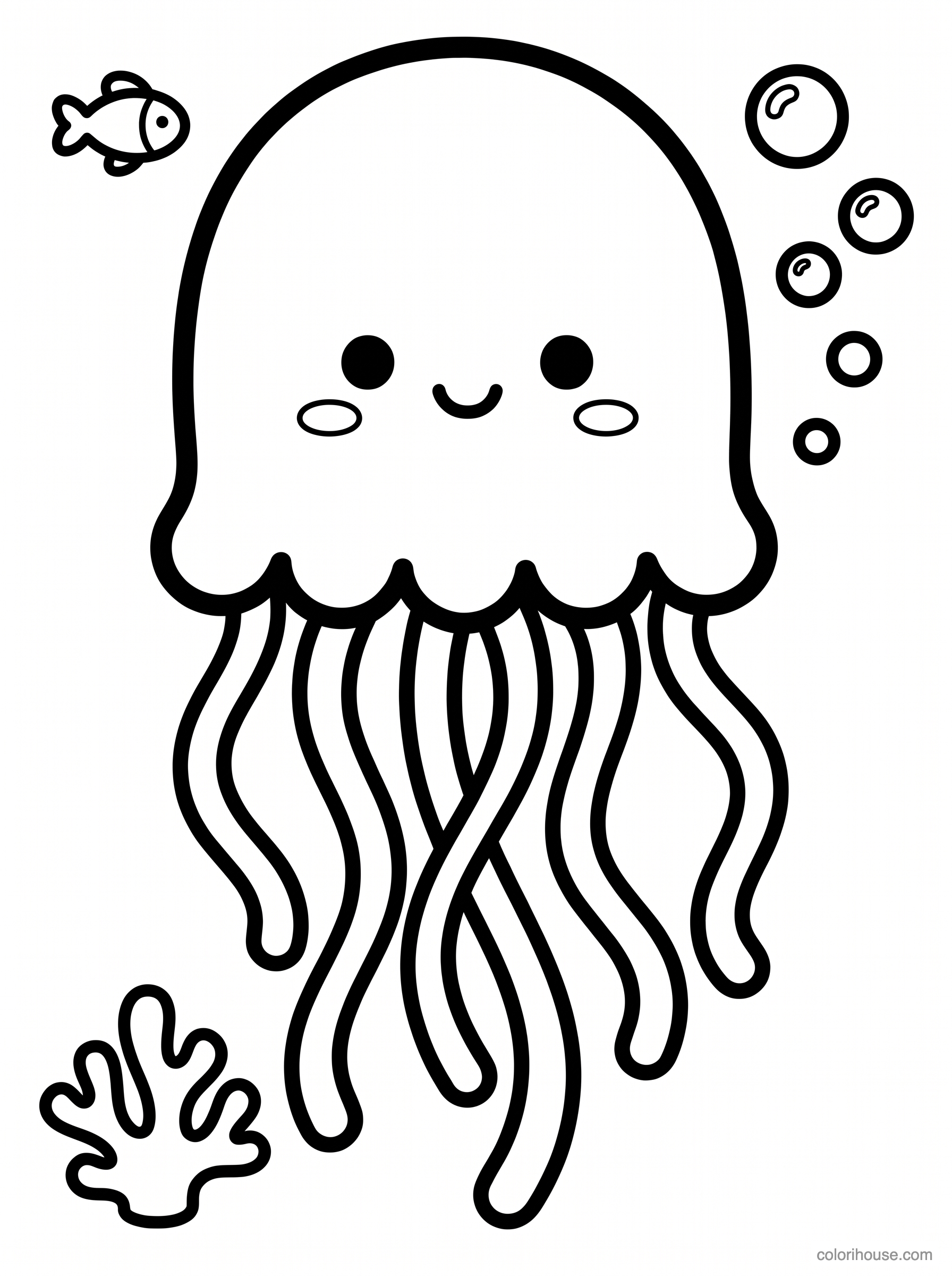 Smiling Jellyfish and Bubbles coloring page