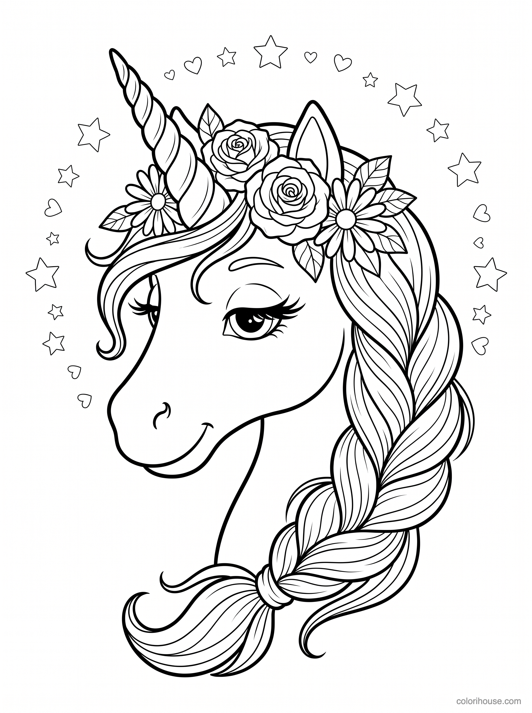 Gentle Unicorn With a Floral Crown coloring page