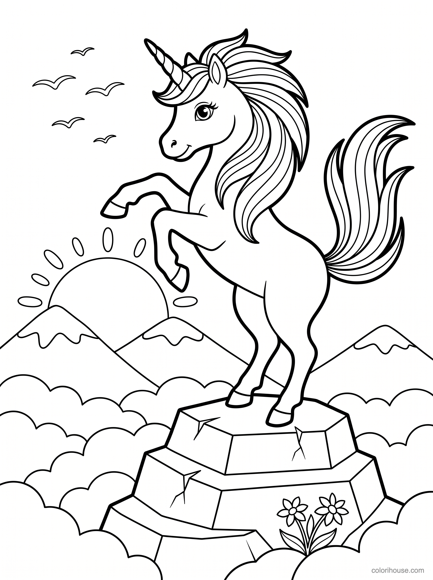 Majestic Unicorn Above the Clouds coloring page