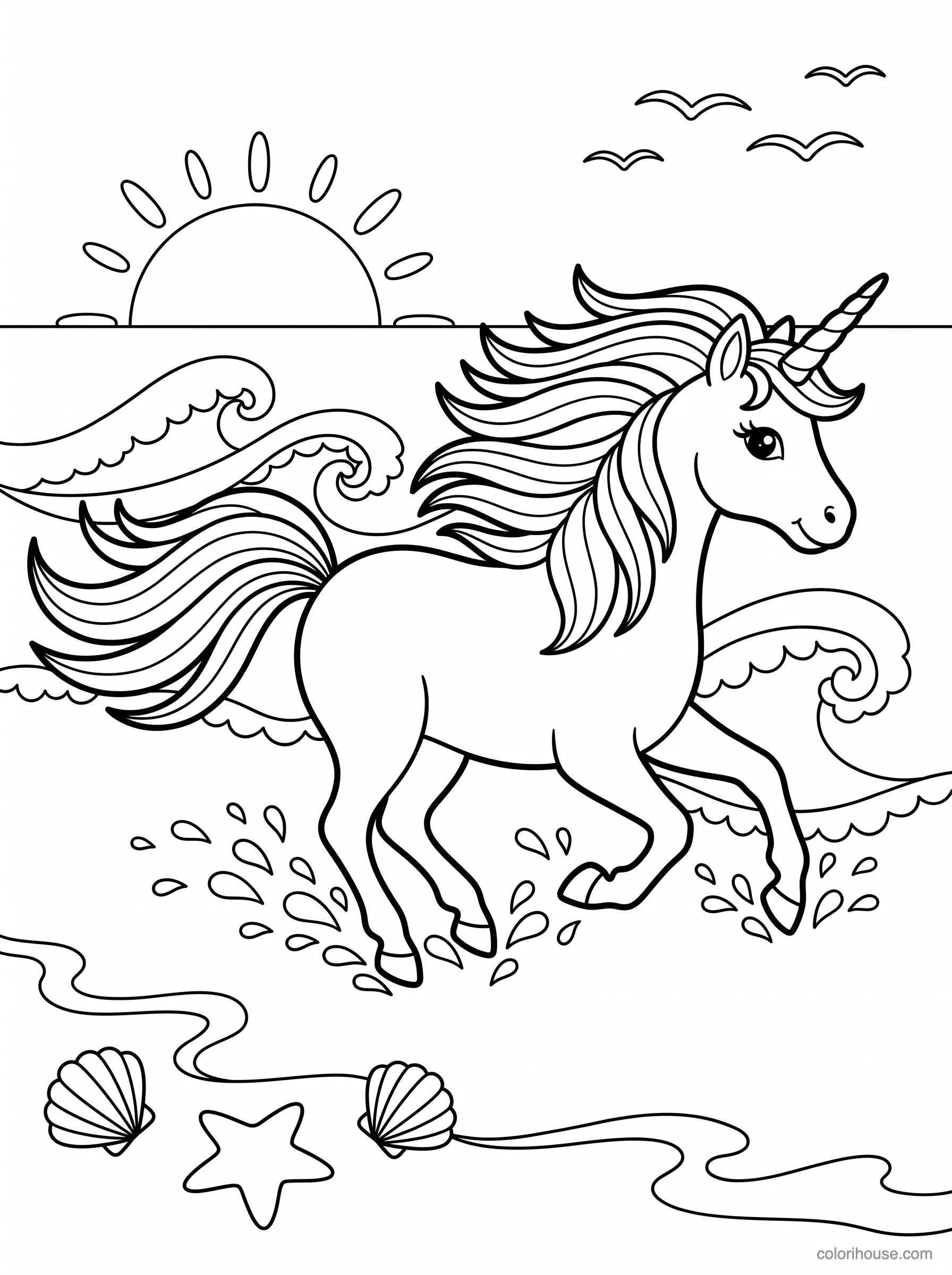Playful Unicorn in the Surf coloring page