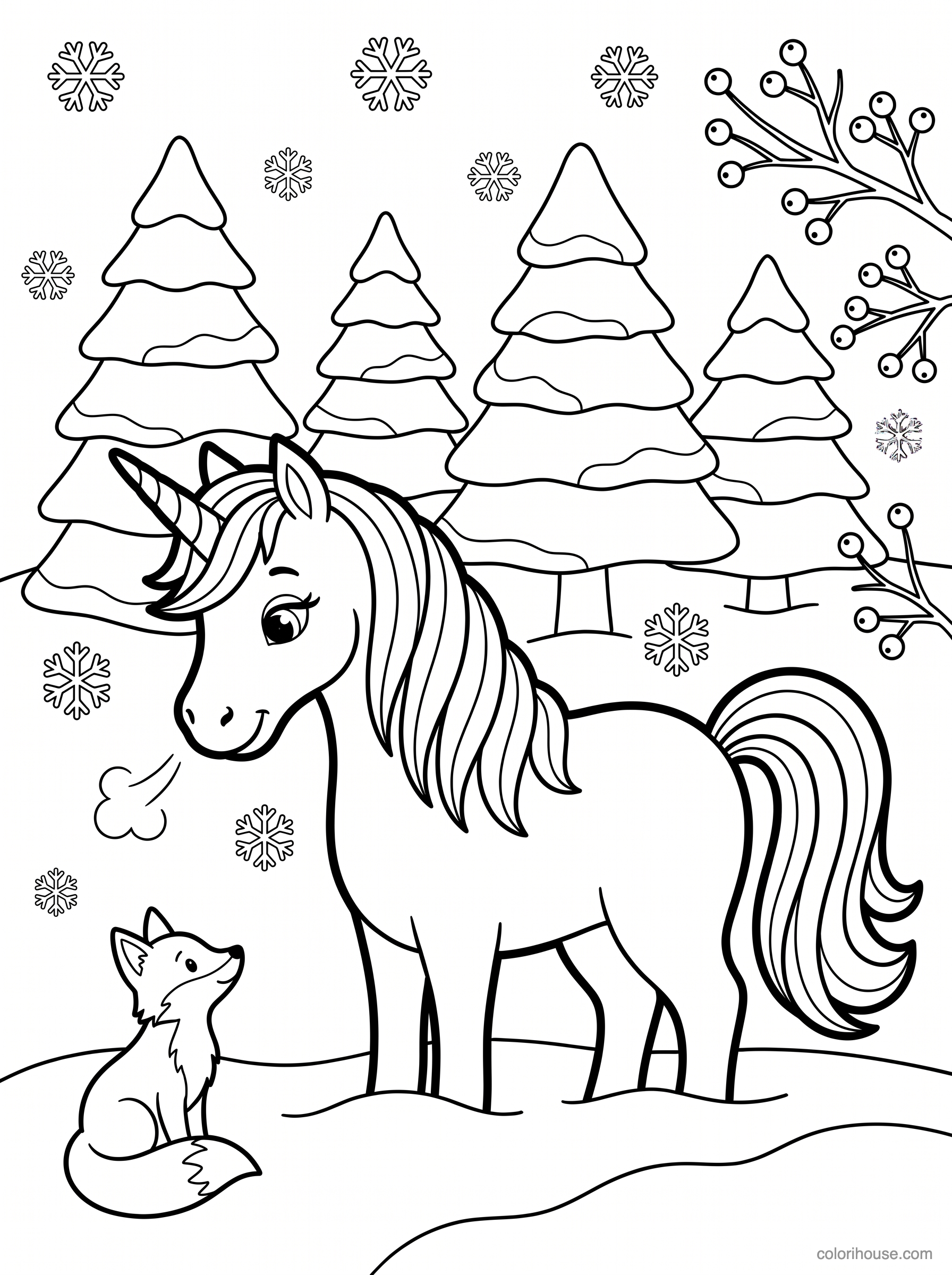 Unicorn and Fox in the Snow coloring page