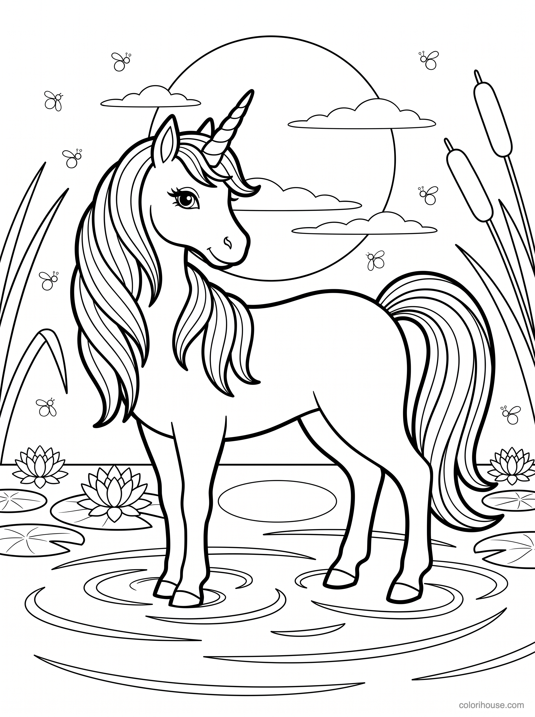 Gentle Unicorn in a Lily Pond coloring page