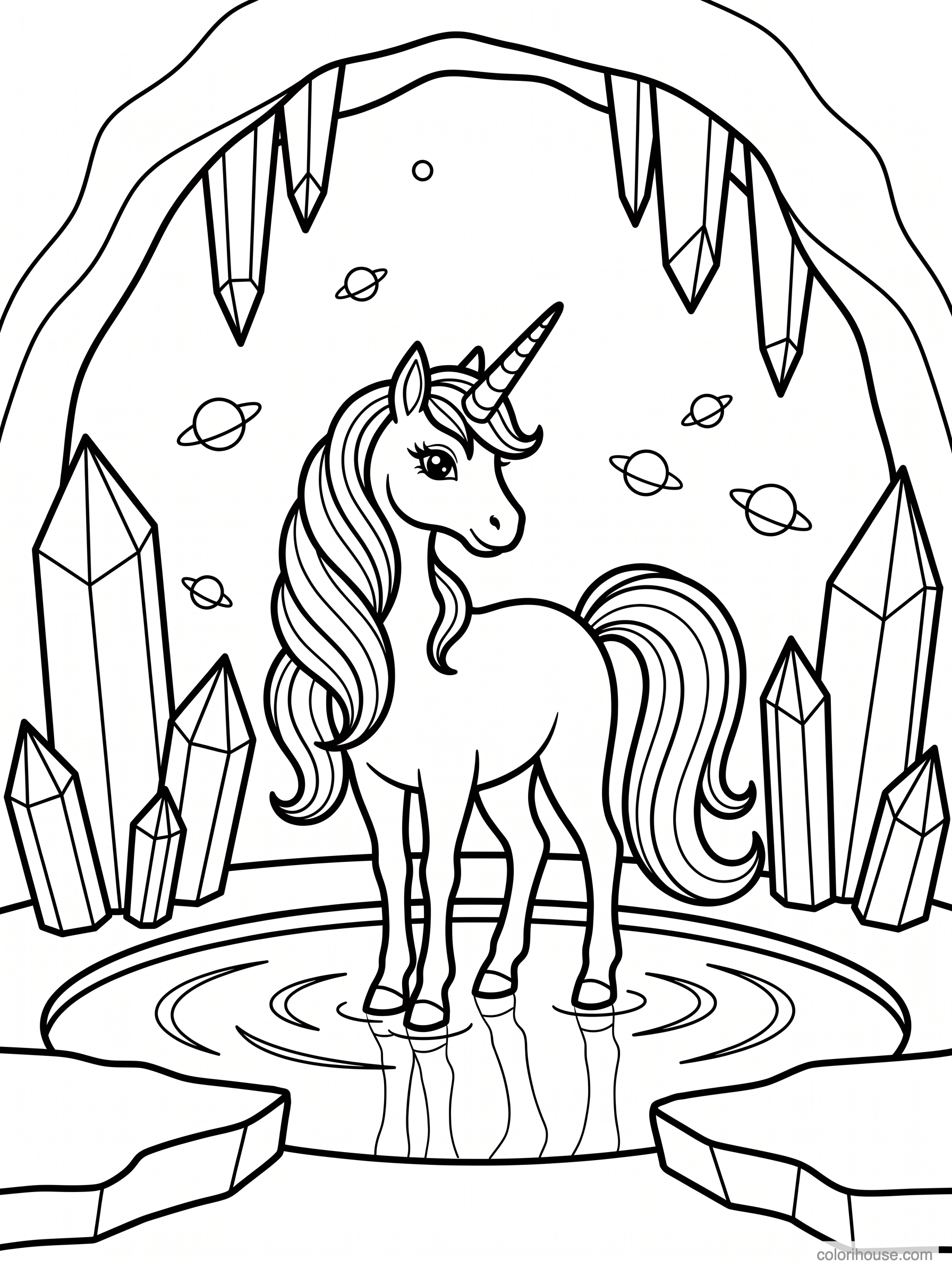 Gentle Unicorn in a Crystal Cave coloring page
