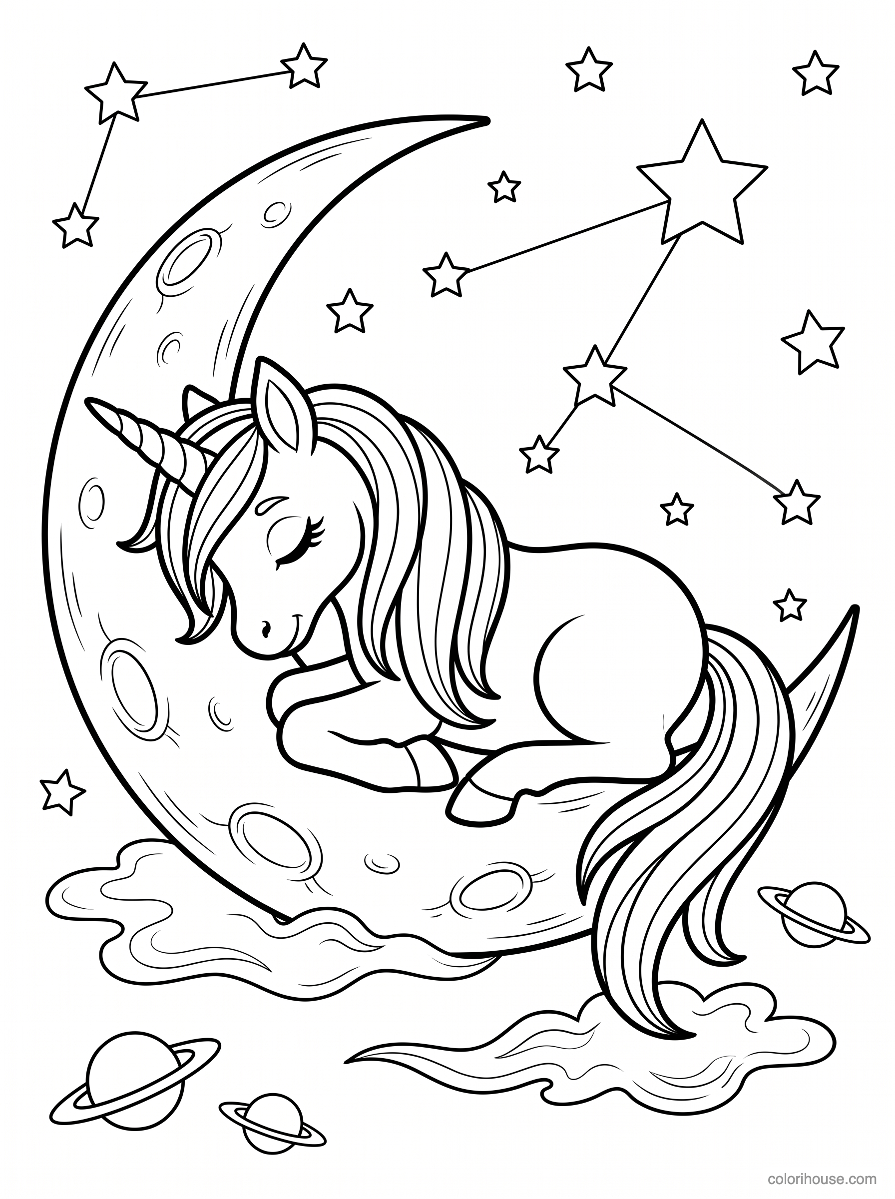 Sleepy Unicorn on a Crescent Moon coloring page