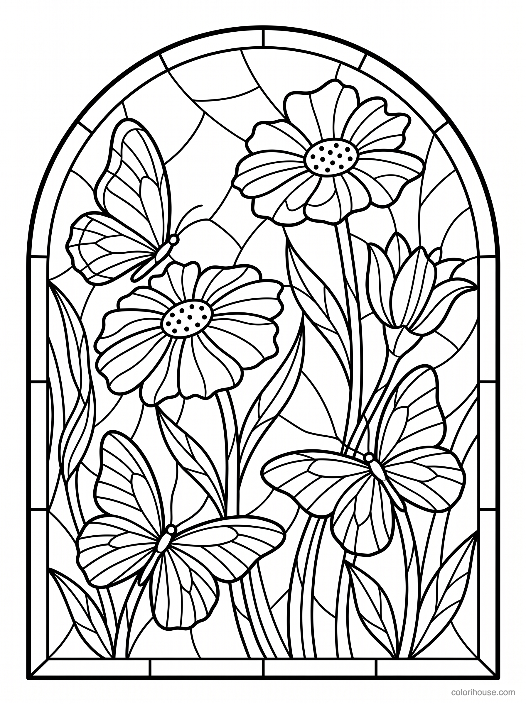 Stained Glass Butterflies and Flowers coloring page