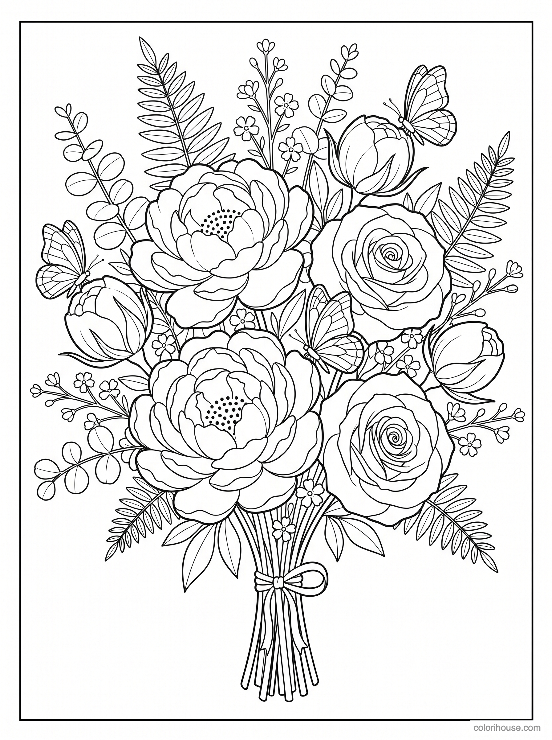 Butterflies and a Flower Bouquet coloring page