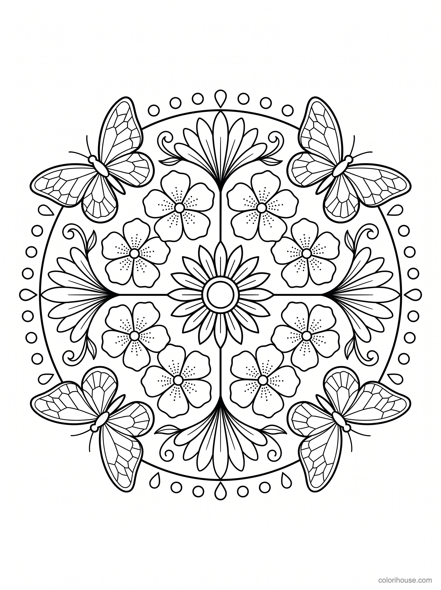 Butterflies Around a Flower Mandala coloring page