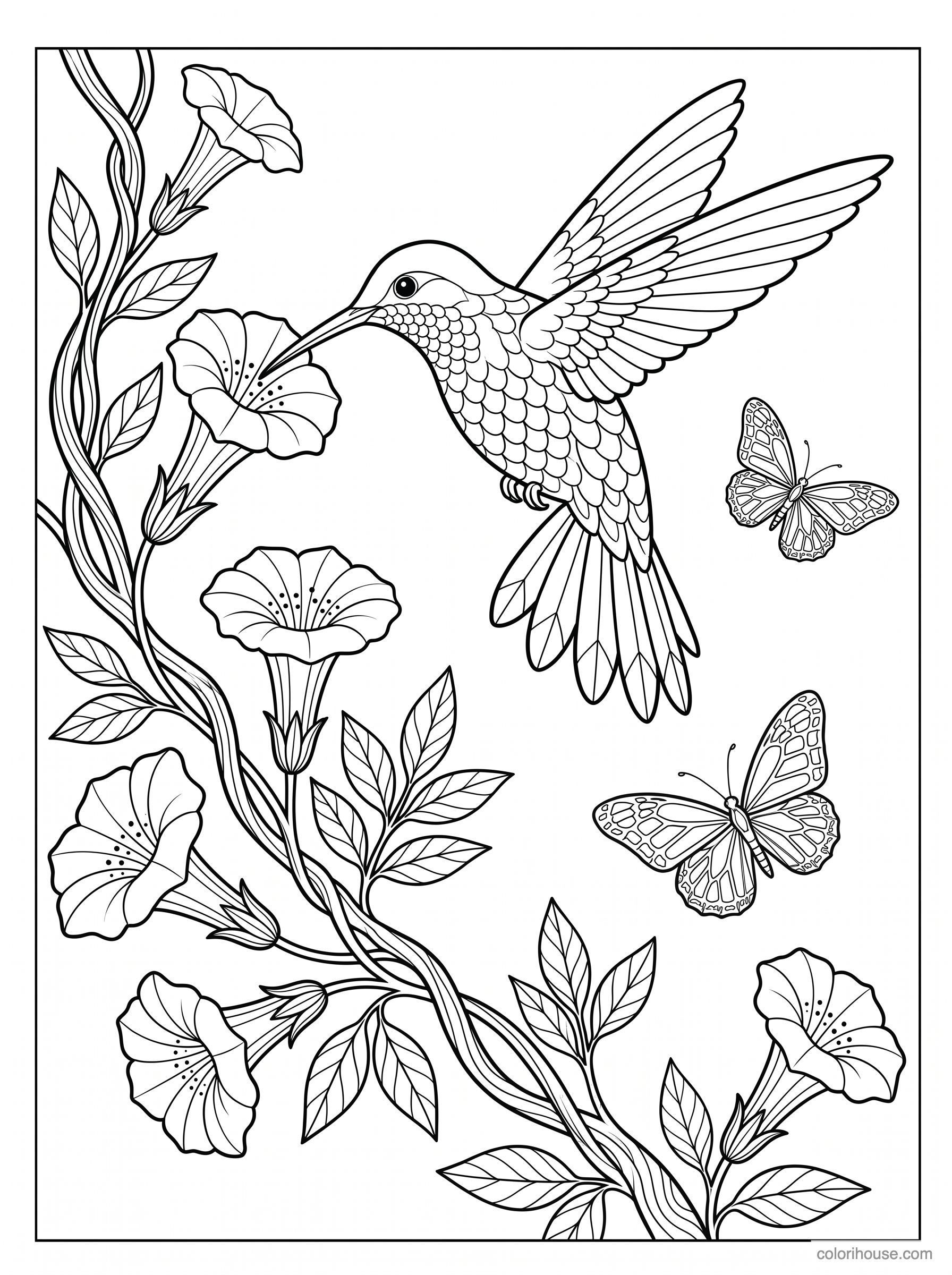 Hummingbird With Butterflies and Flowers coloring page