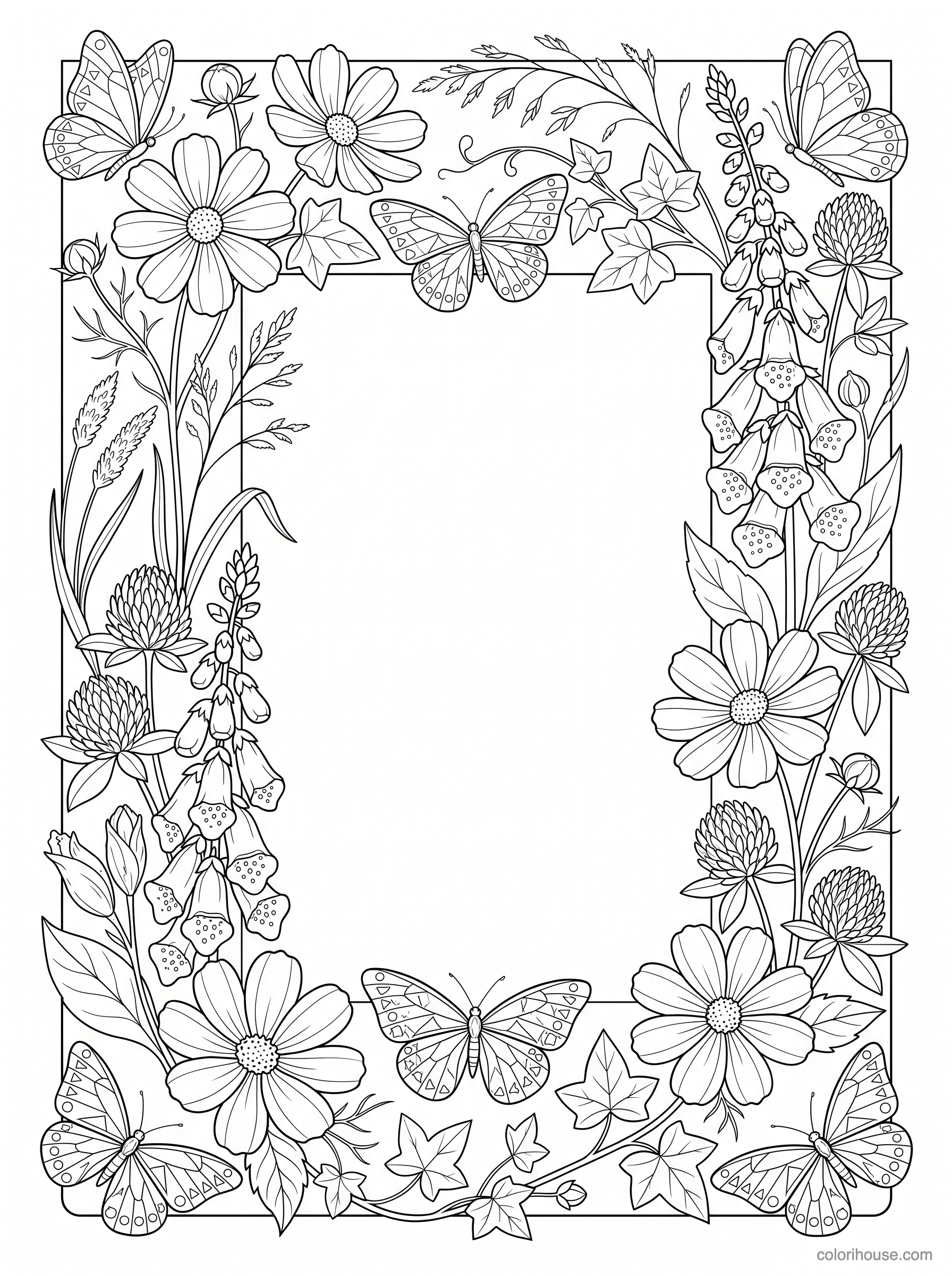 Butterfly and Wildflower Frame coloring page