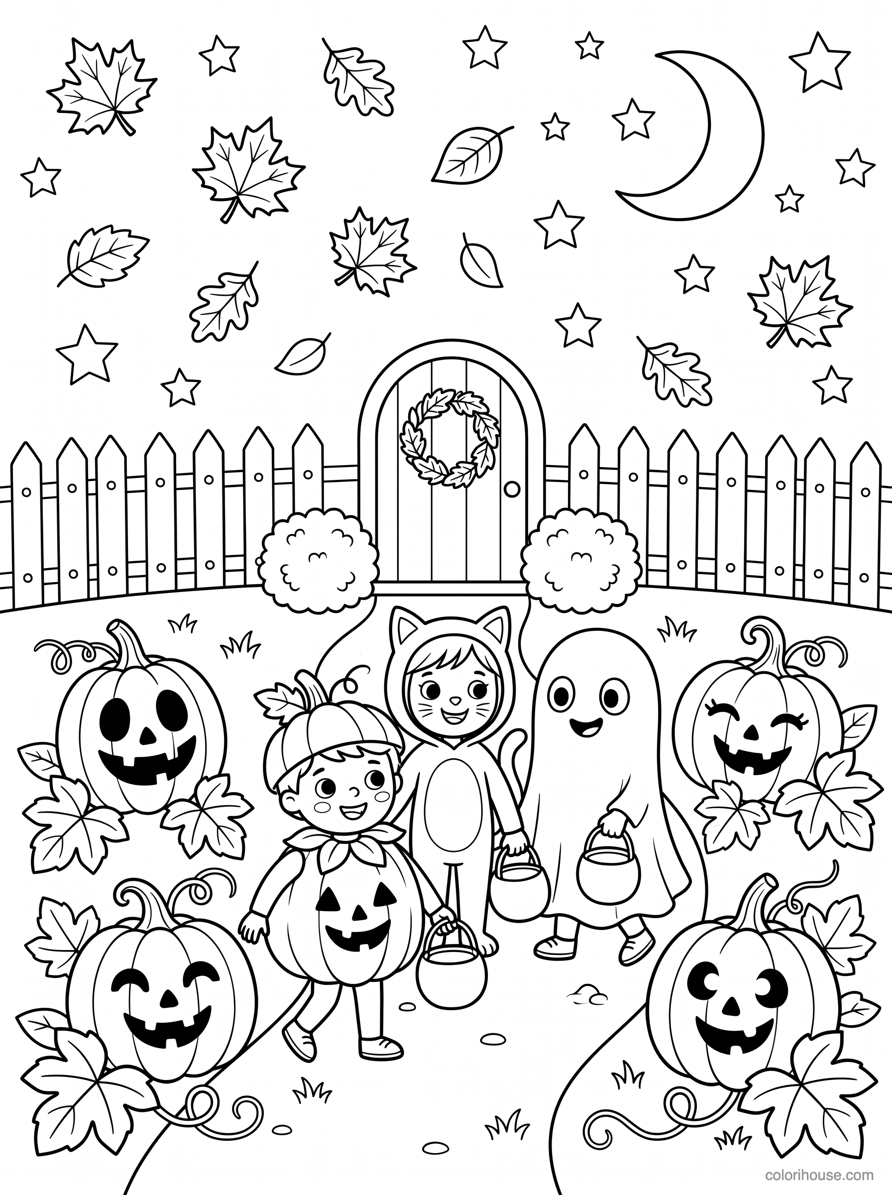 Cheerful Halloween Trick-or-Treaters coloring page
