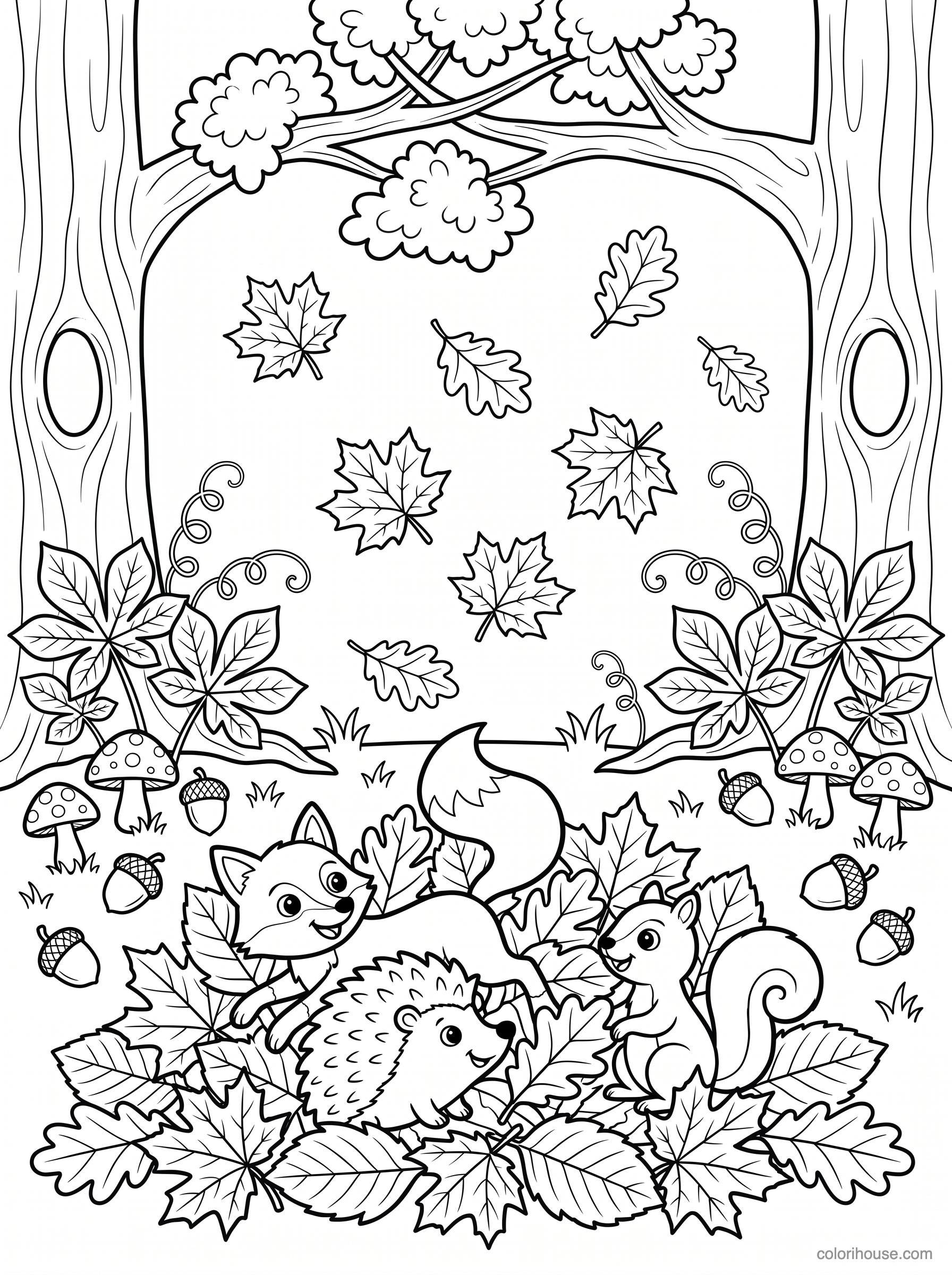 Woodland Friends in Fall Leaves coloring page