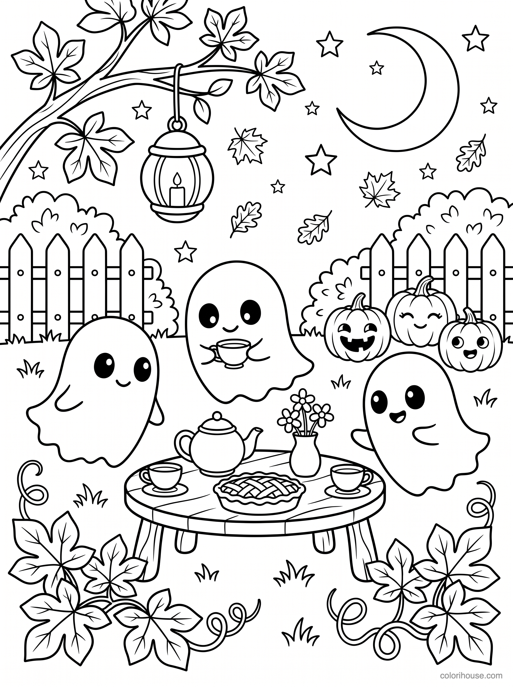 Friendly Ghosts at a Tea Party coloring page