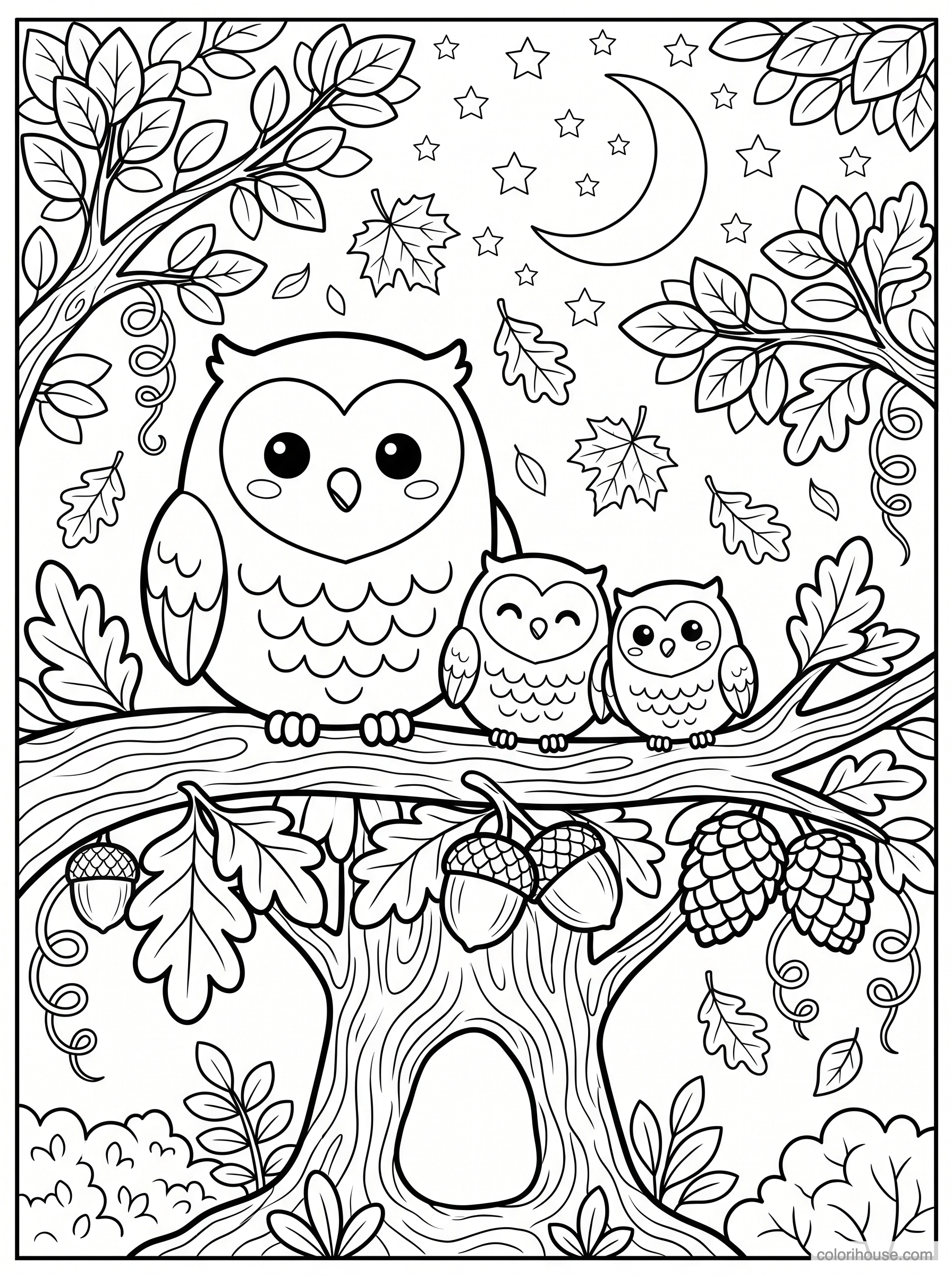 Three Owls Under an Autumn Moon coloring page