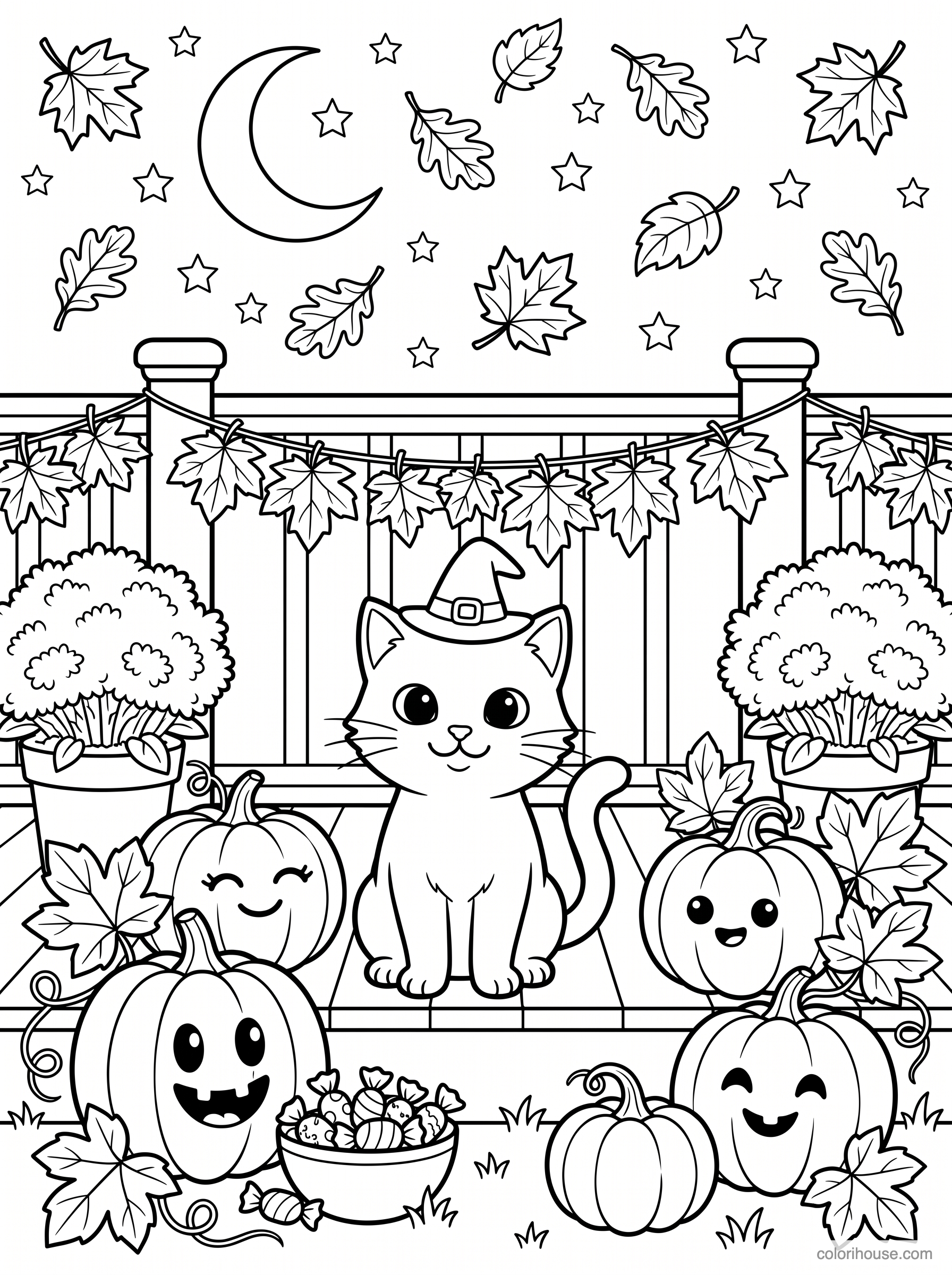 Sweet Halloween Cat on the Porch coloring page
