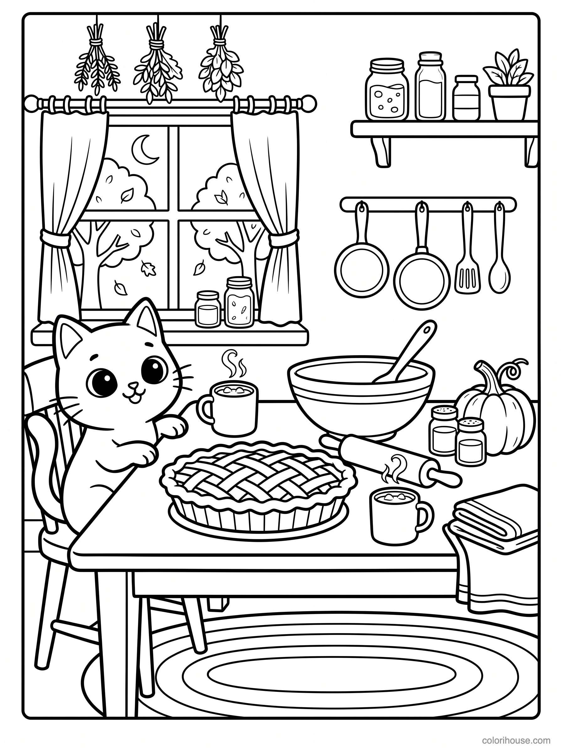 Cozy Cat in an Autumn Kitchen coloring page