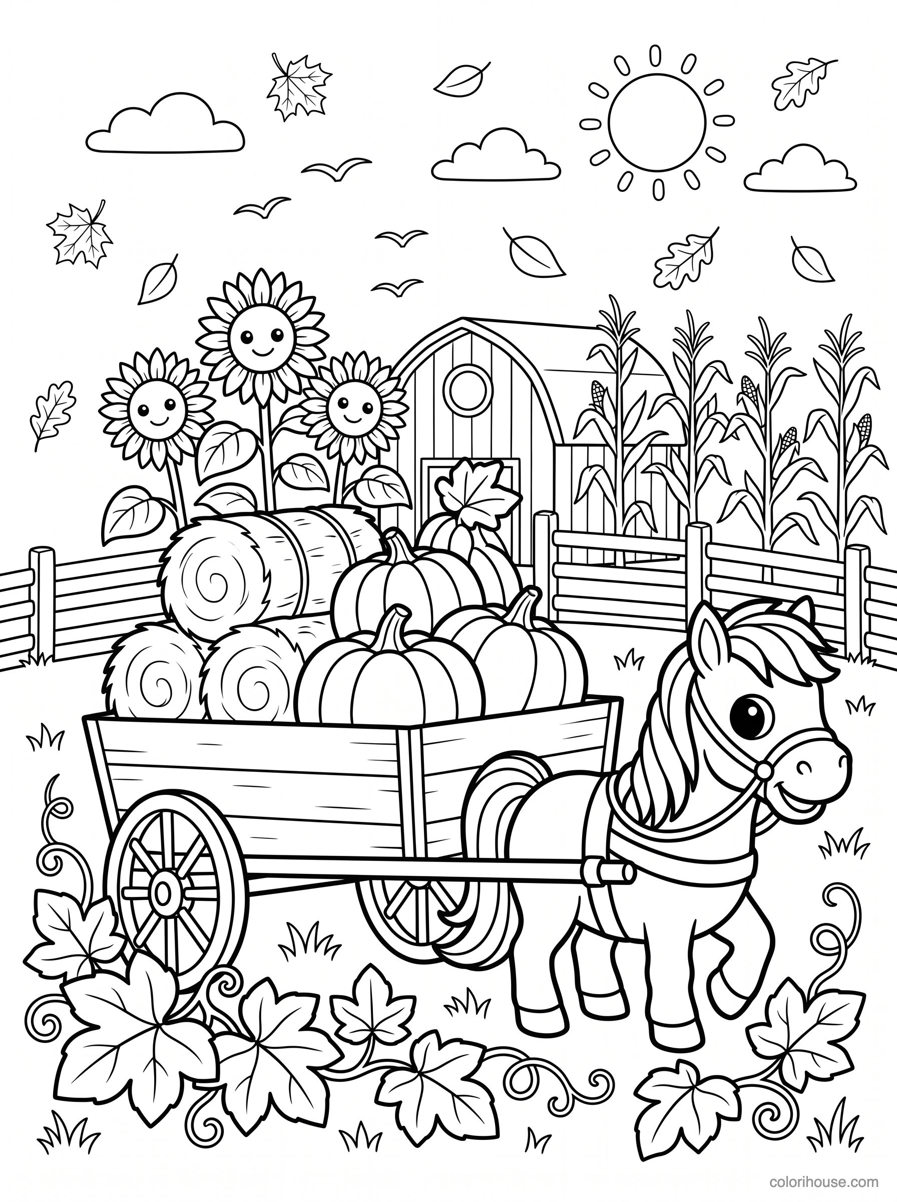 Cheerful Pony and Harvest Wagon coloring page