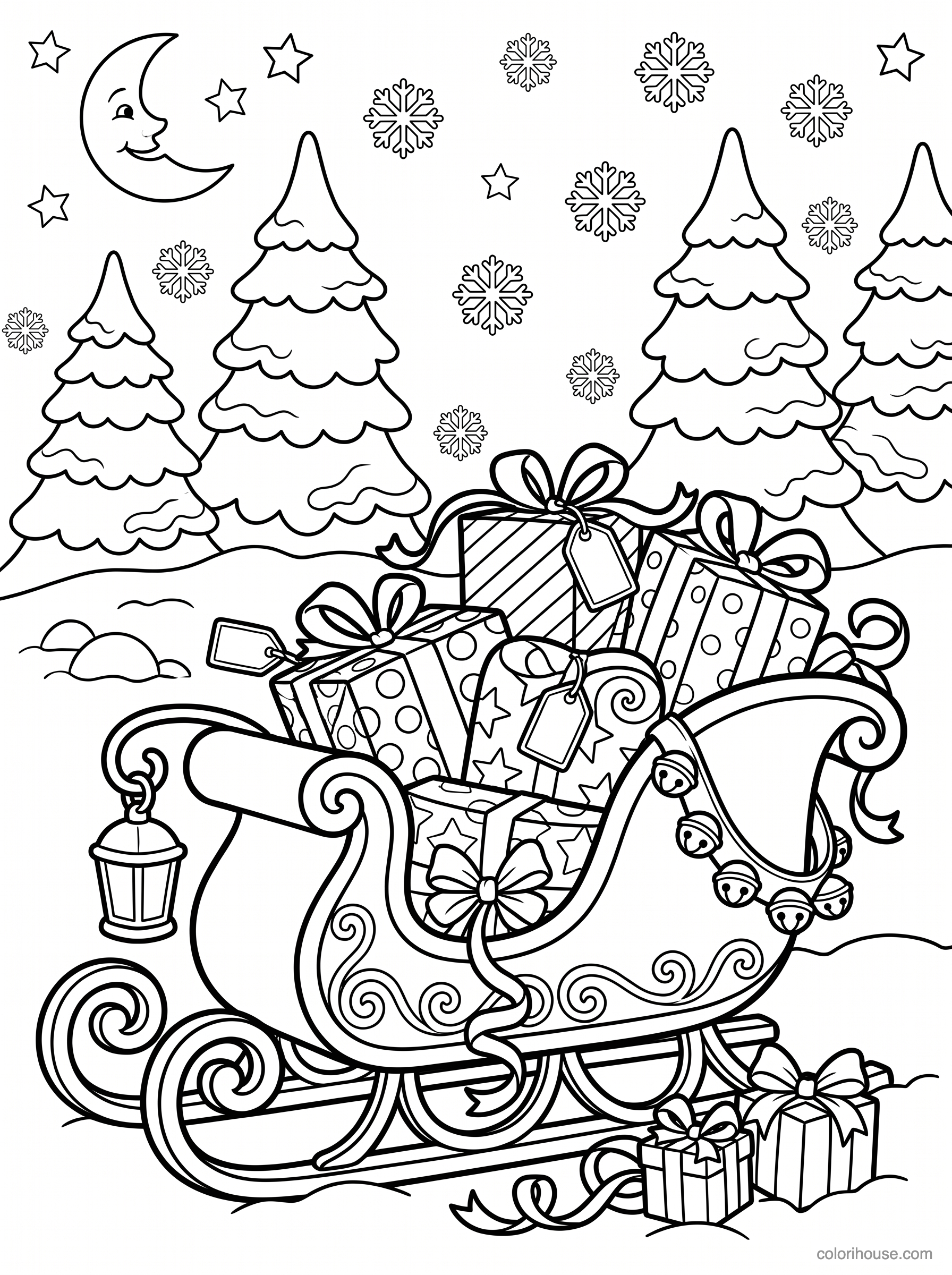Christmas Sleigh Under a Smiling Moon coloring page