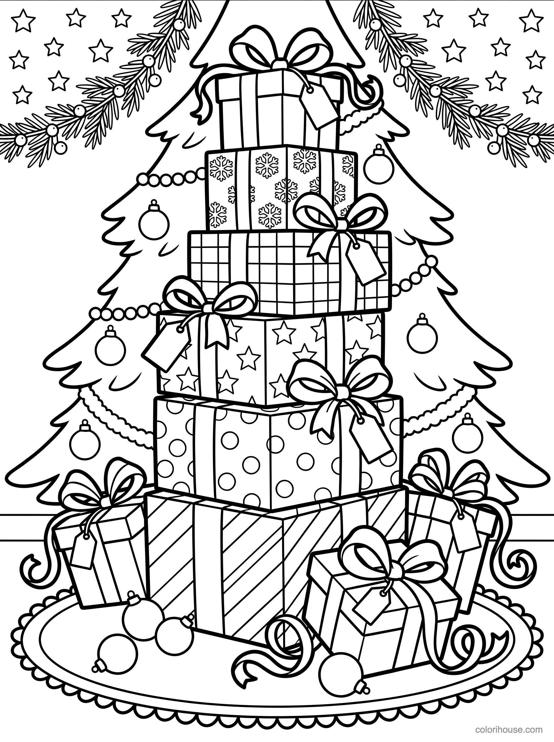 Tower of Christmas Presents coloring page