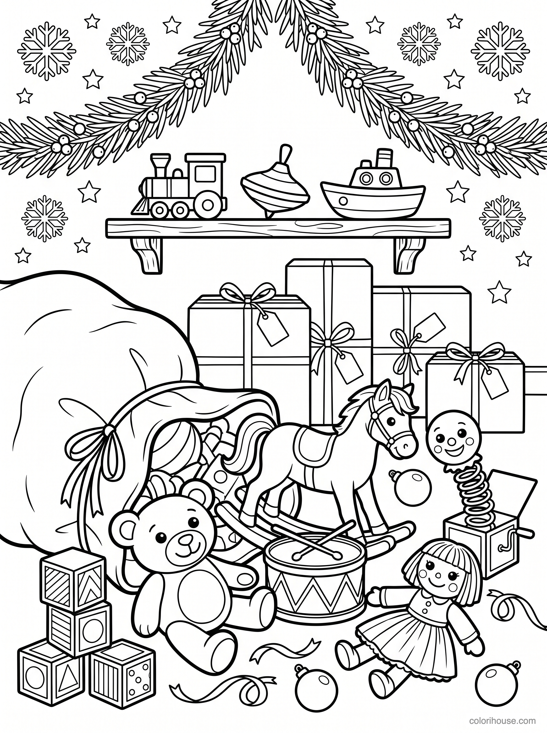 Christmas Toys and Wrapped Gifts coloring page