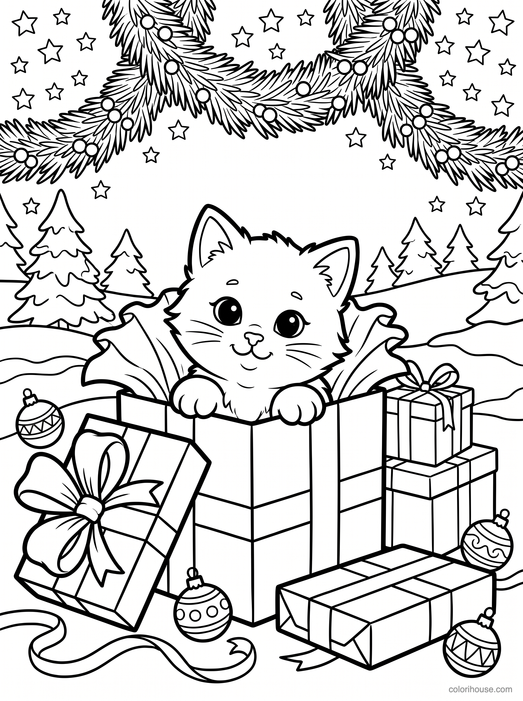 Christmas Kitten in a Gift Box coloring page