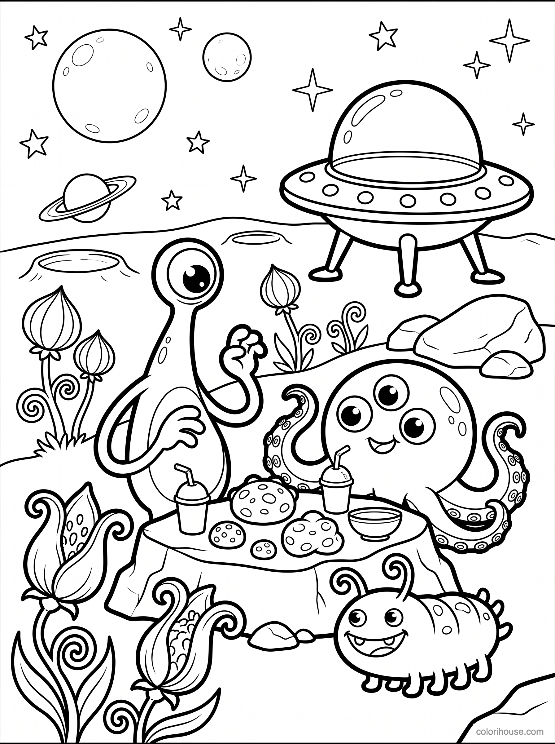 Friendly Aliens Having a Picnic coloring page