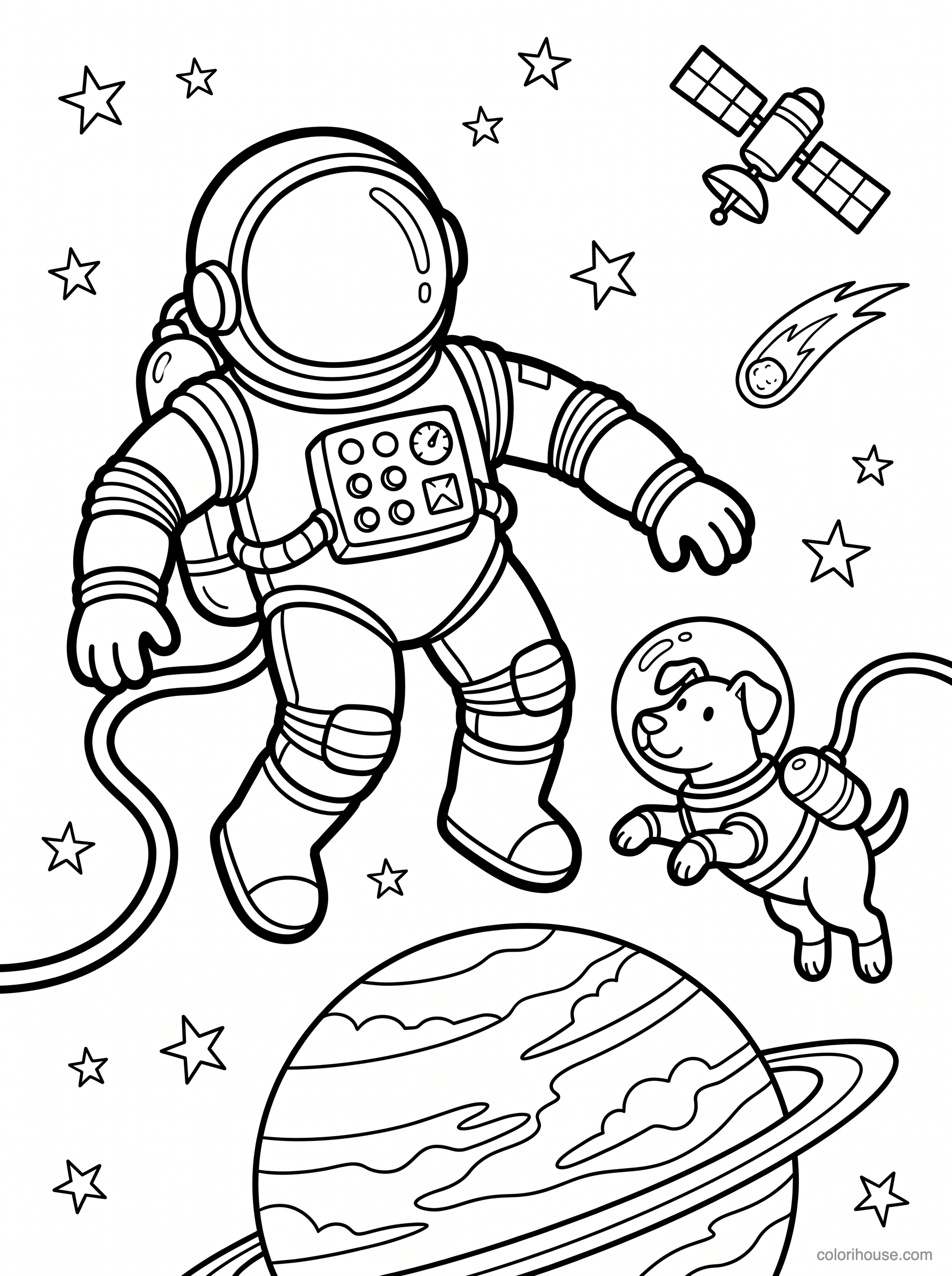 Astronaut and Dog Among the Stars coloring page