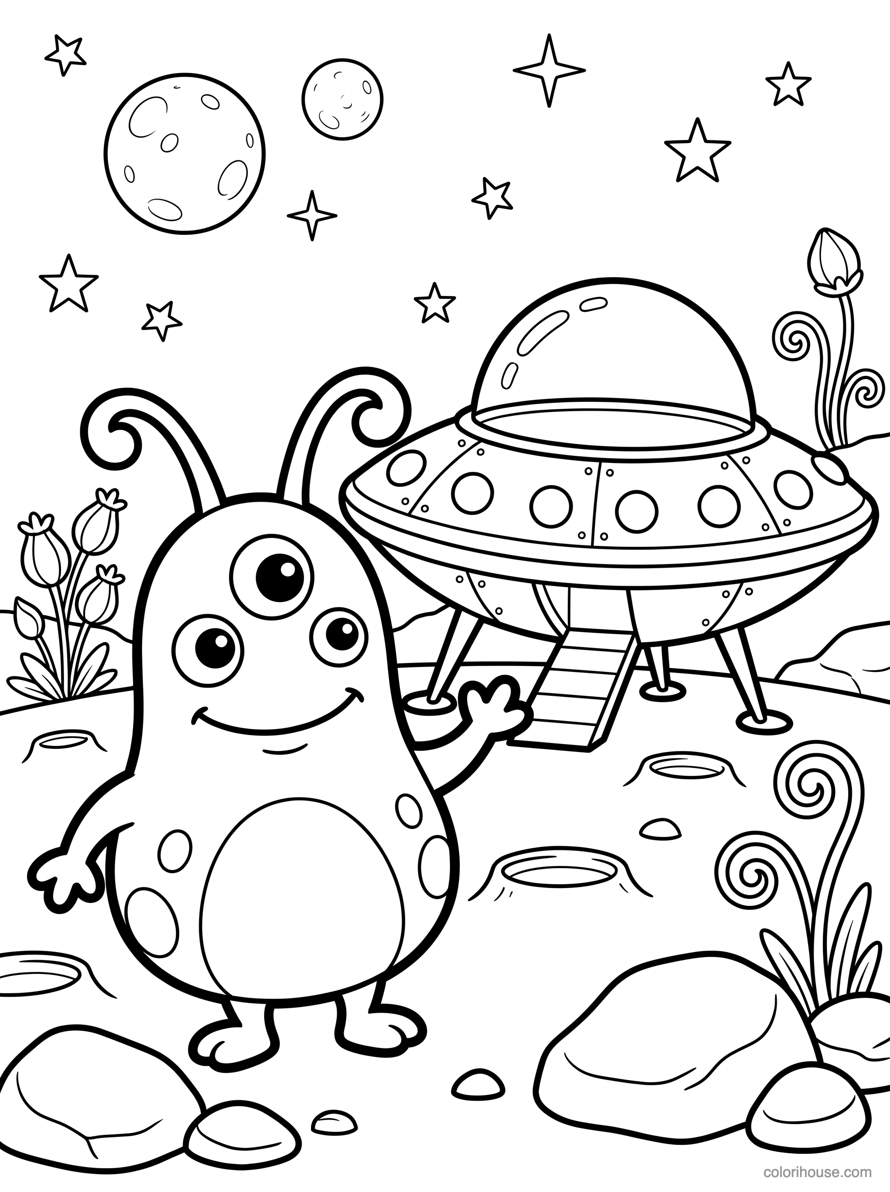 Friendly Alien Beside a Flying Saucer coloring page
