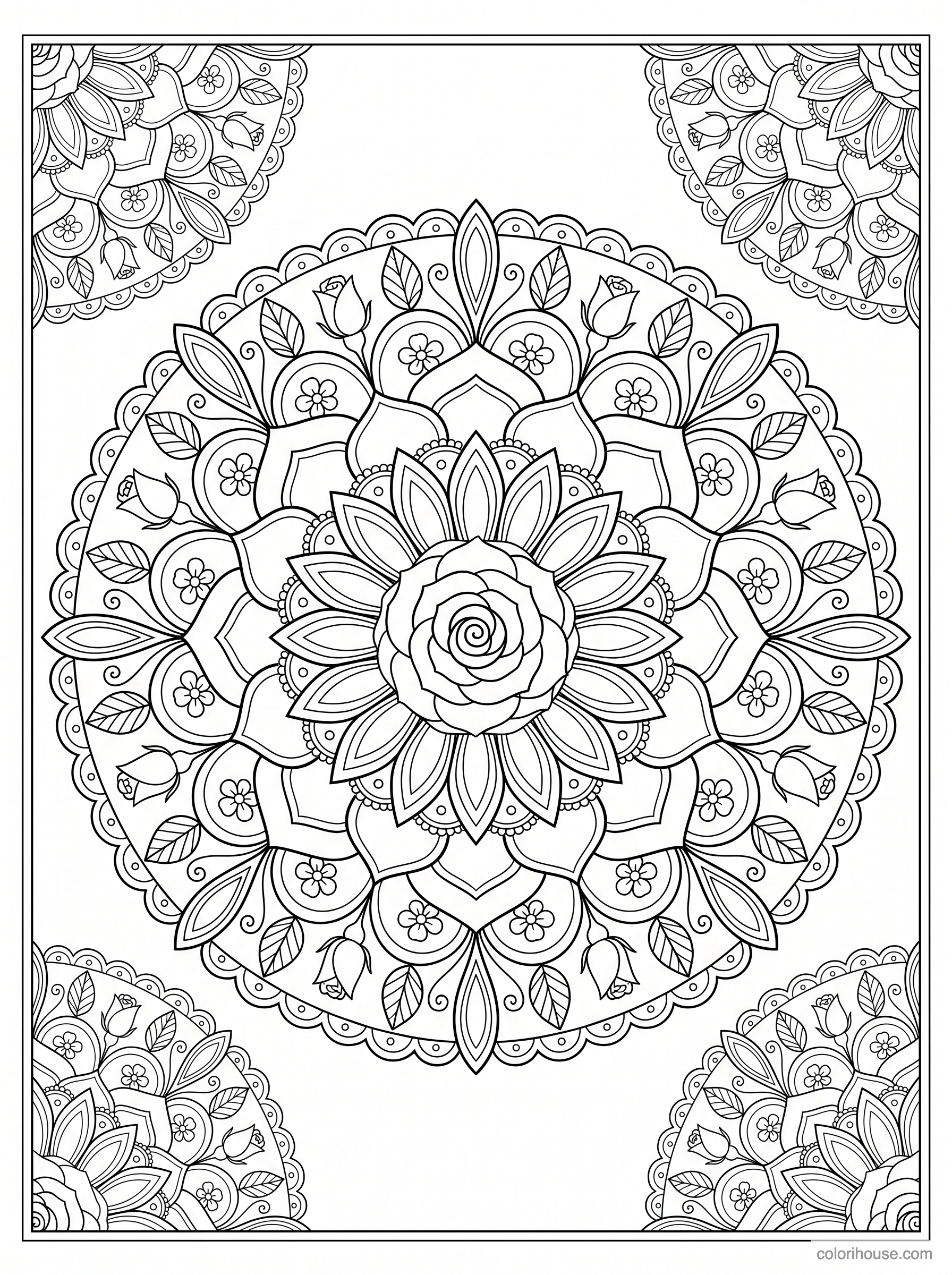 Rose Mandala With Layered Petals coloring page