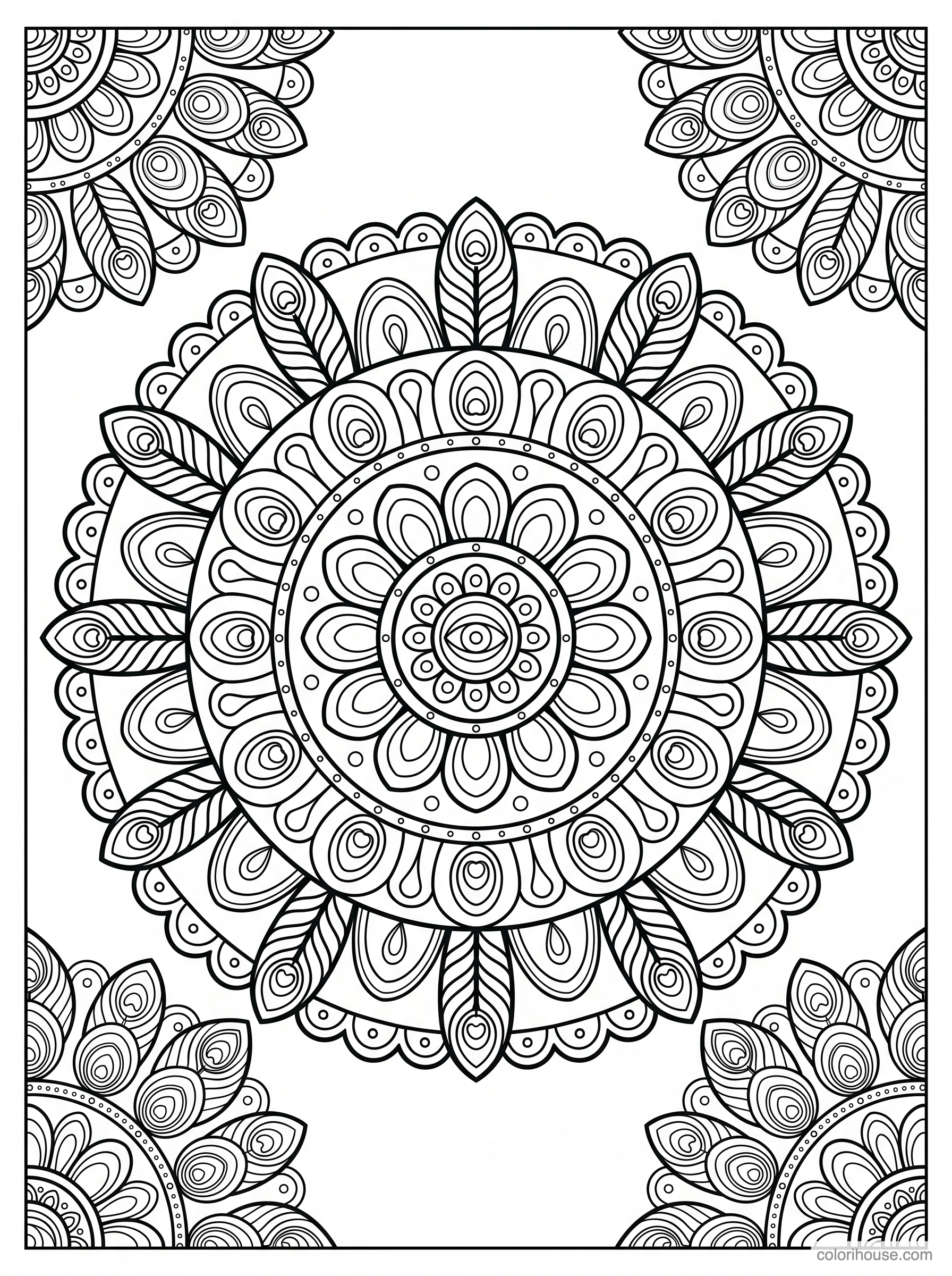 Peacock Feather and Petal Mandala coloring page
