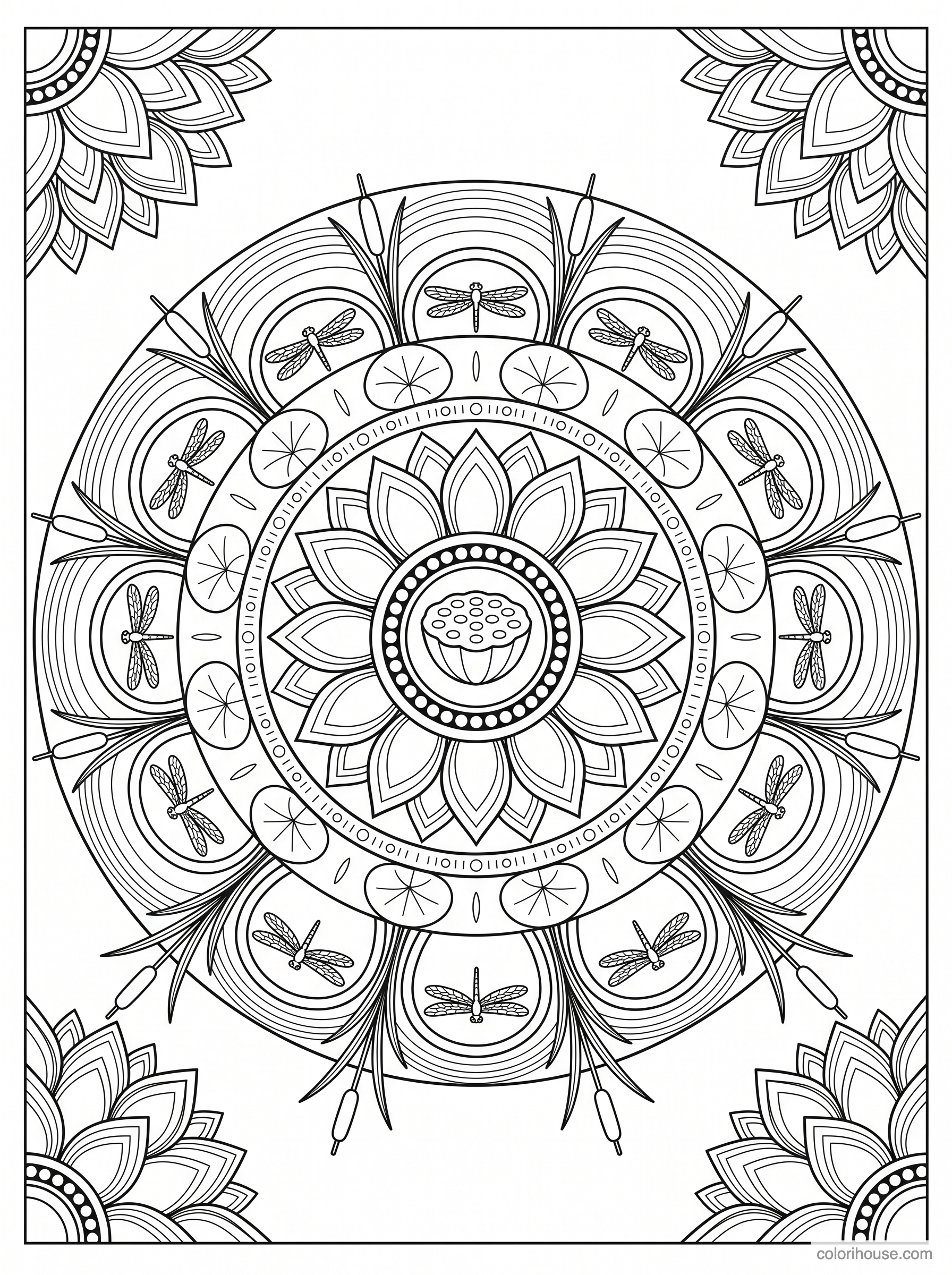 Lotus and Dragonfly Pond Mandala coloring page