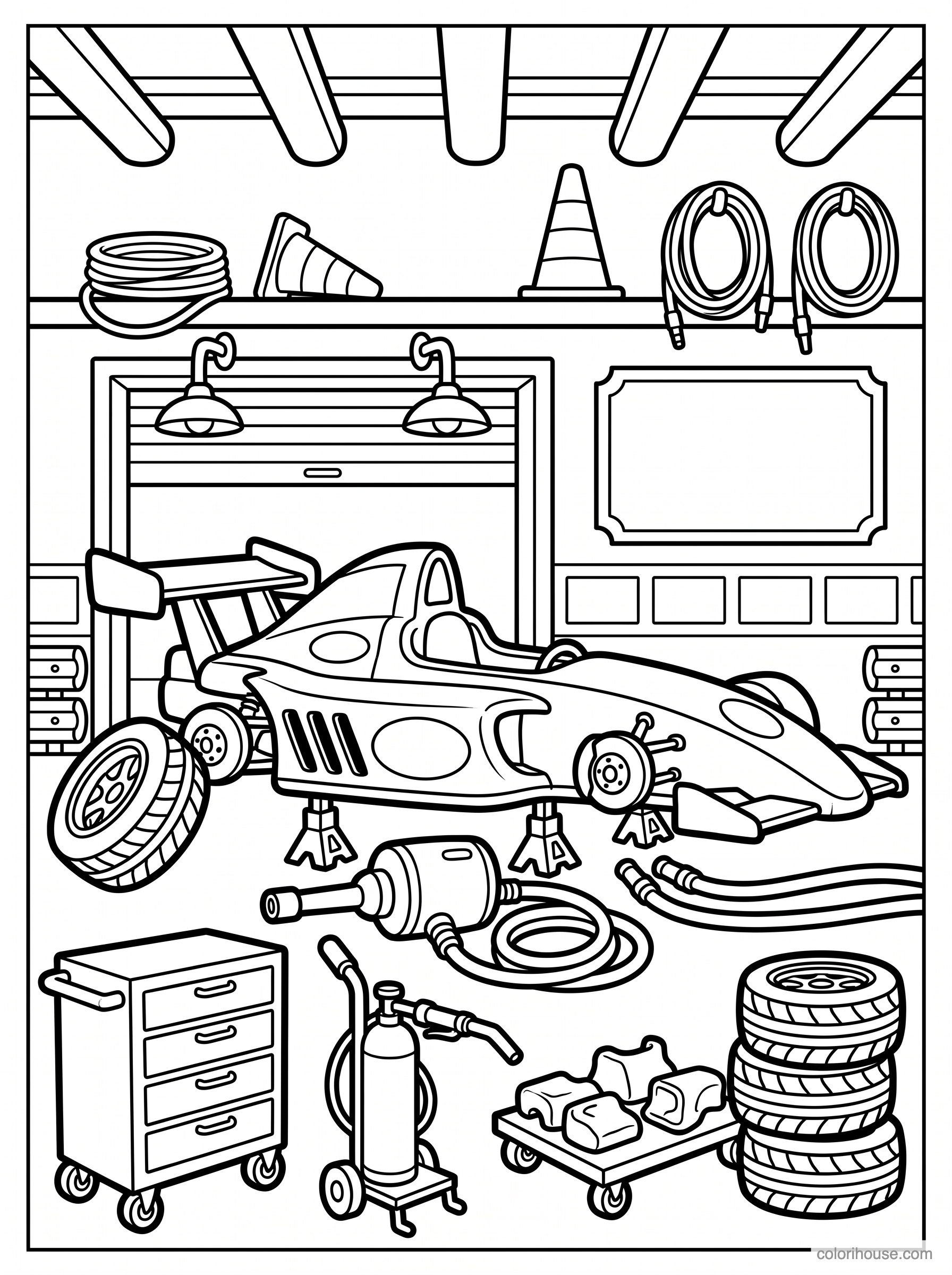 Race Car in the Workshop coloring page