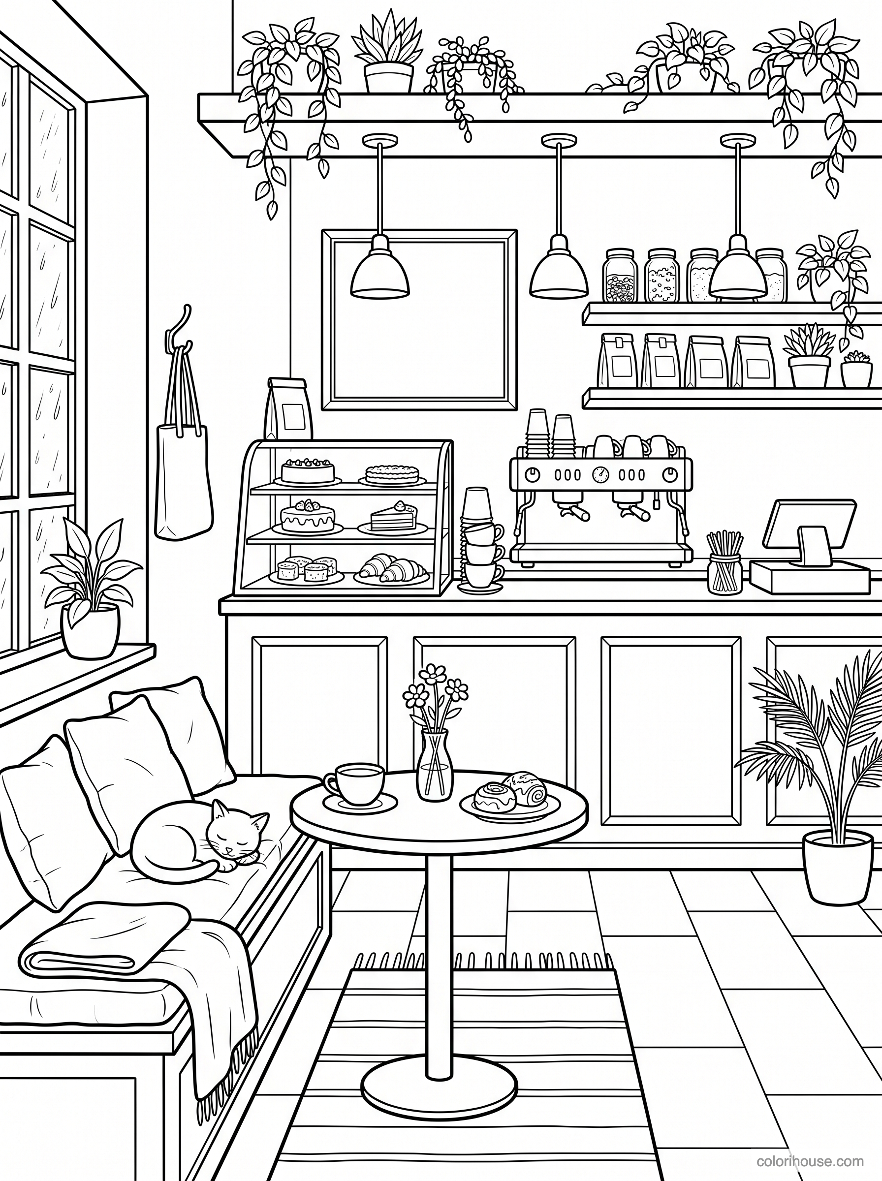 Cozy Cafe With a Sleeping Cat coloring page