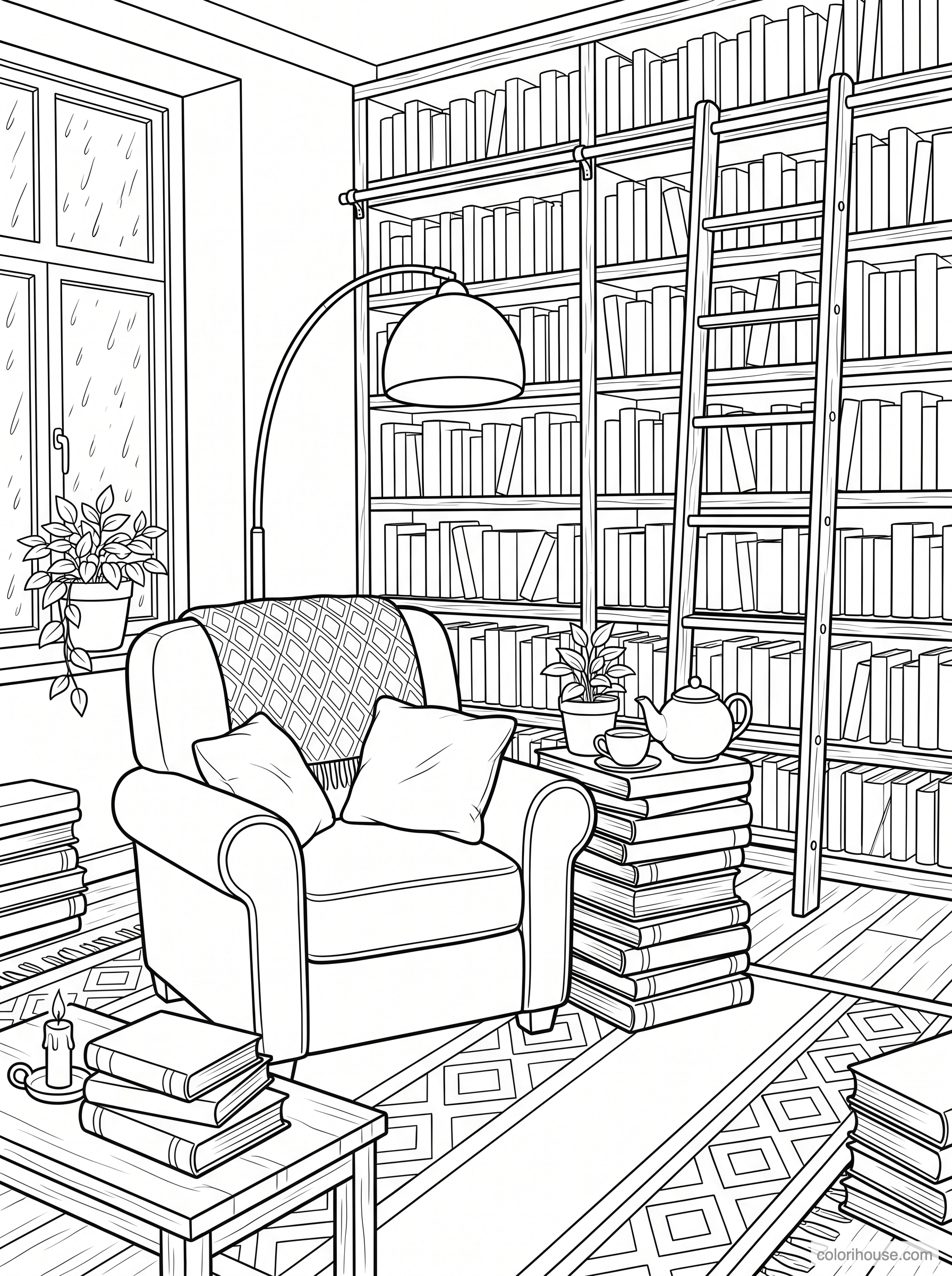 Cozy Rainy Day Reading Nook coloring page
