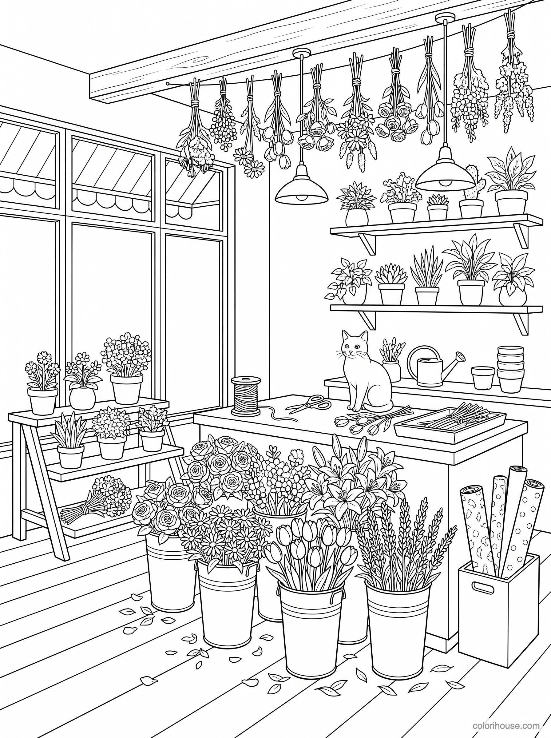 Cozy Flower Shop With a Cat coloring page