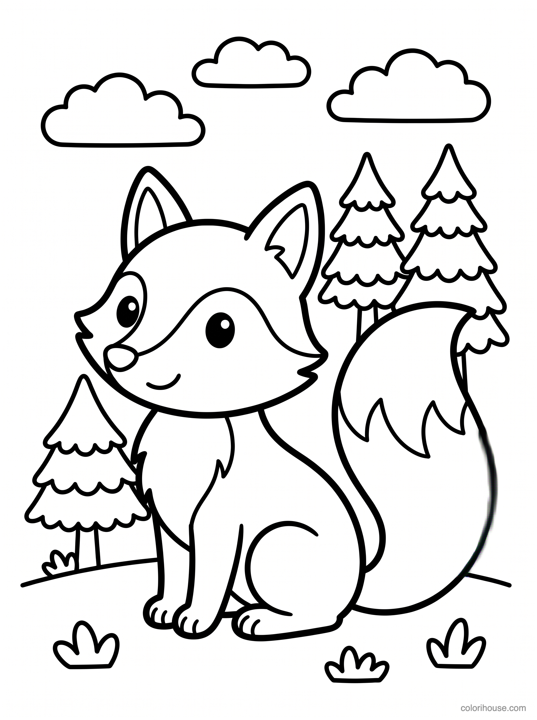 Smiling Fox Among Forest Trees coloring page