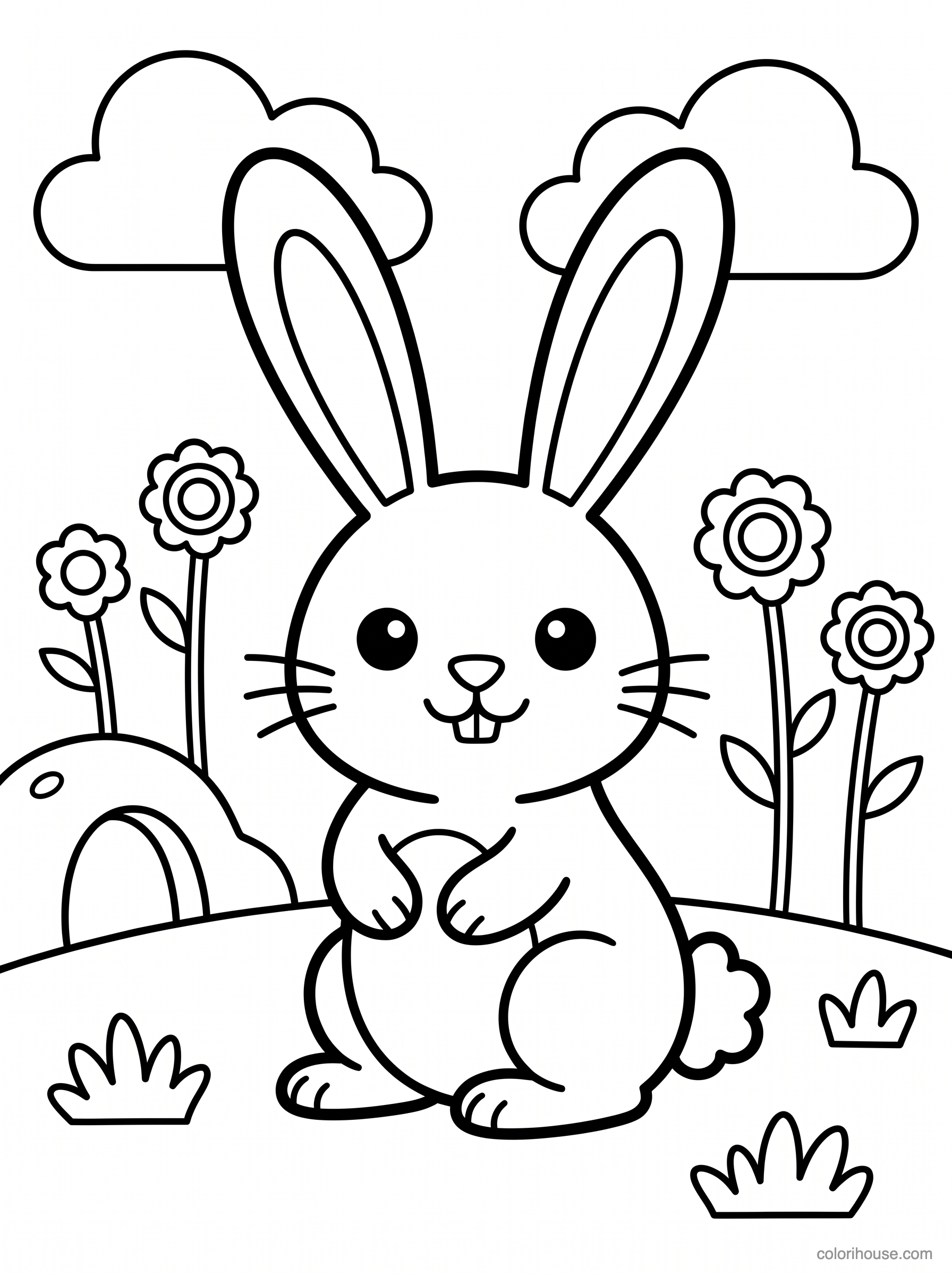 Happy Bunny Among Flowers coloring page