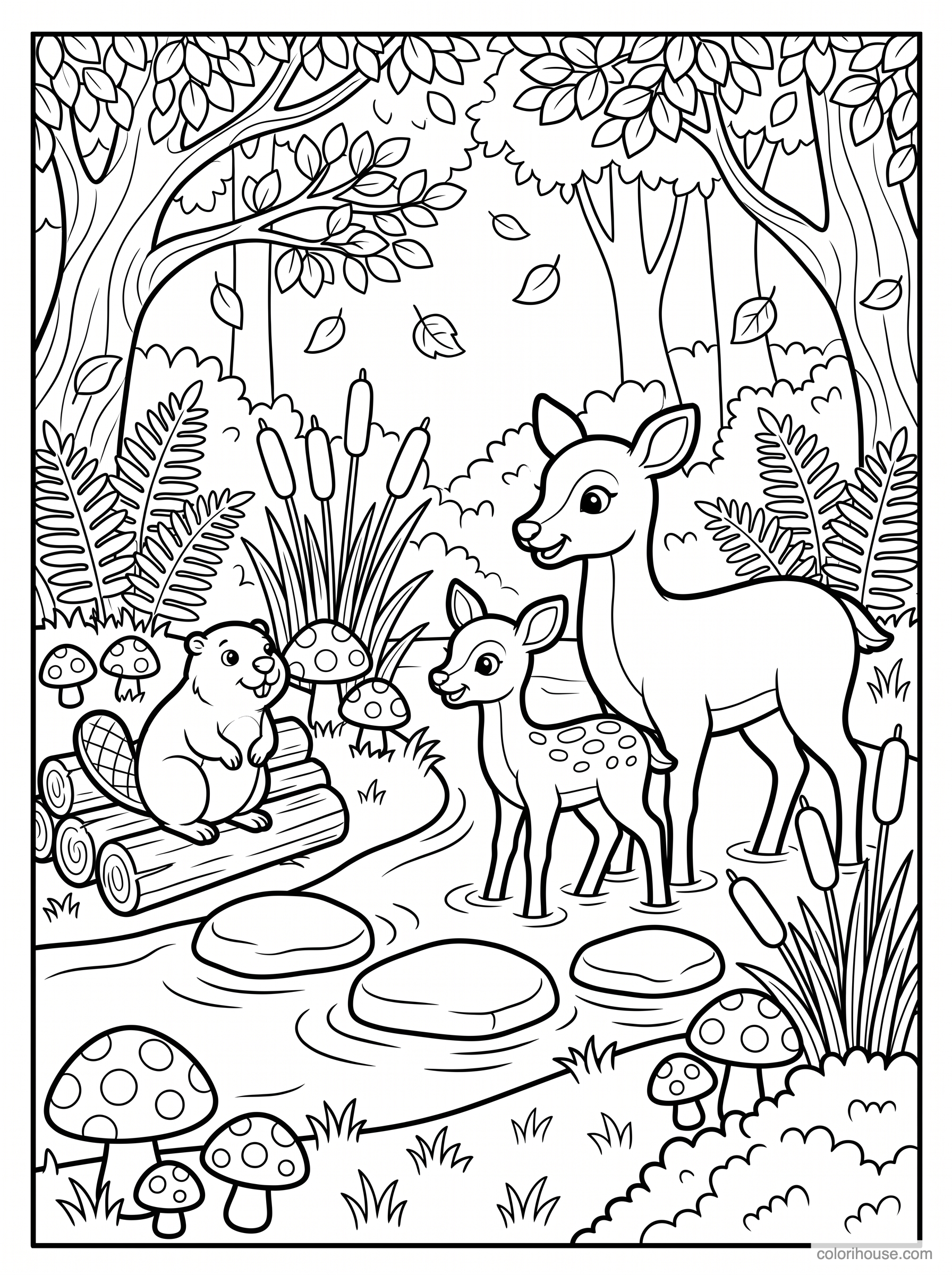 Deer and Beaver by the Stream coloring page