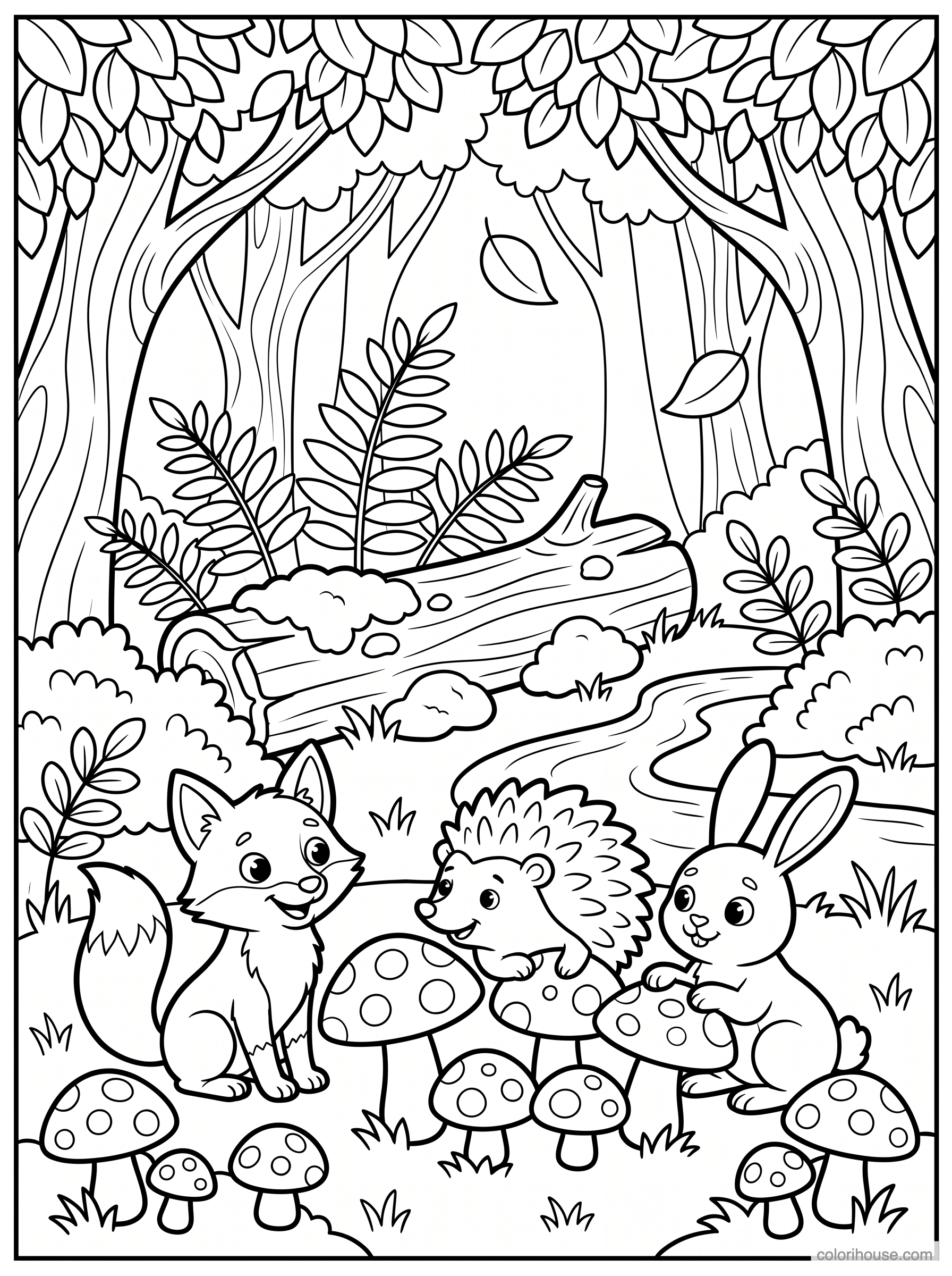 Cheerful Forest Friends Among Mushrooms coloring page