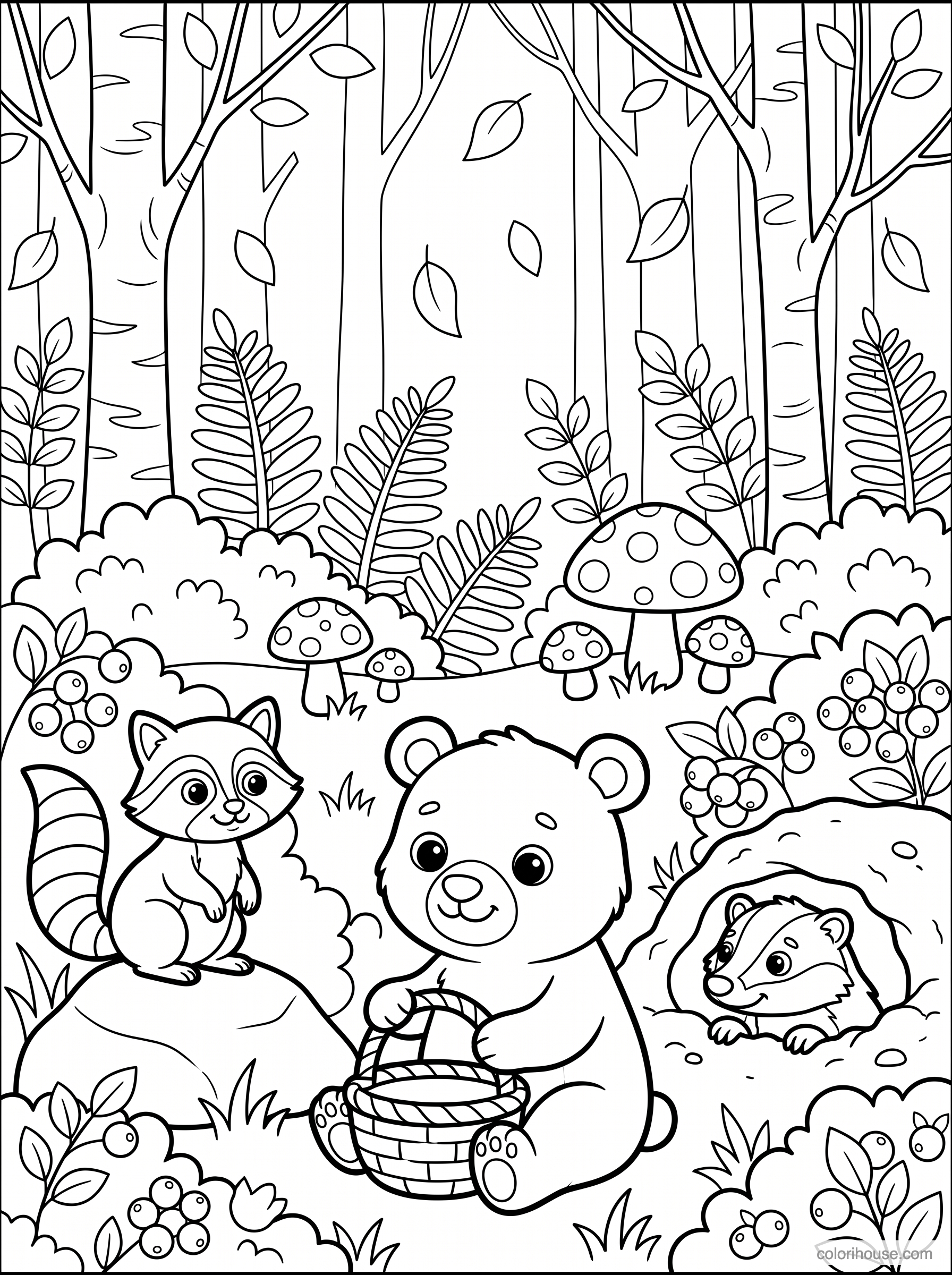 Friendly Forest Animals With a Basket coloring page