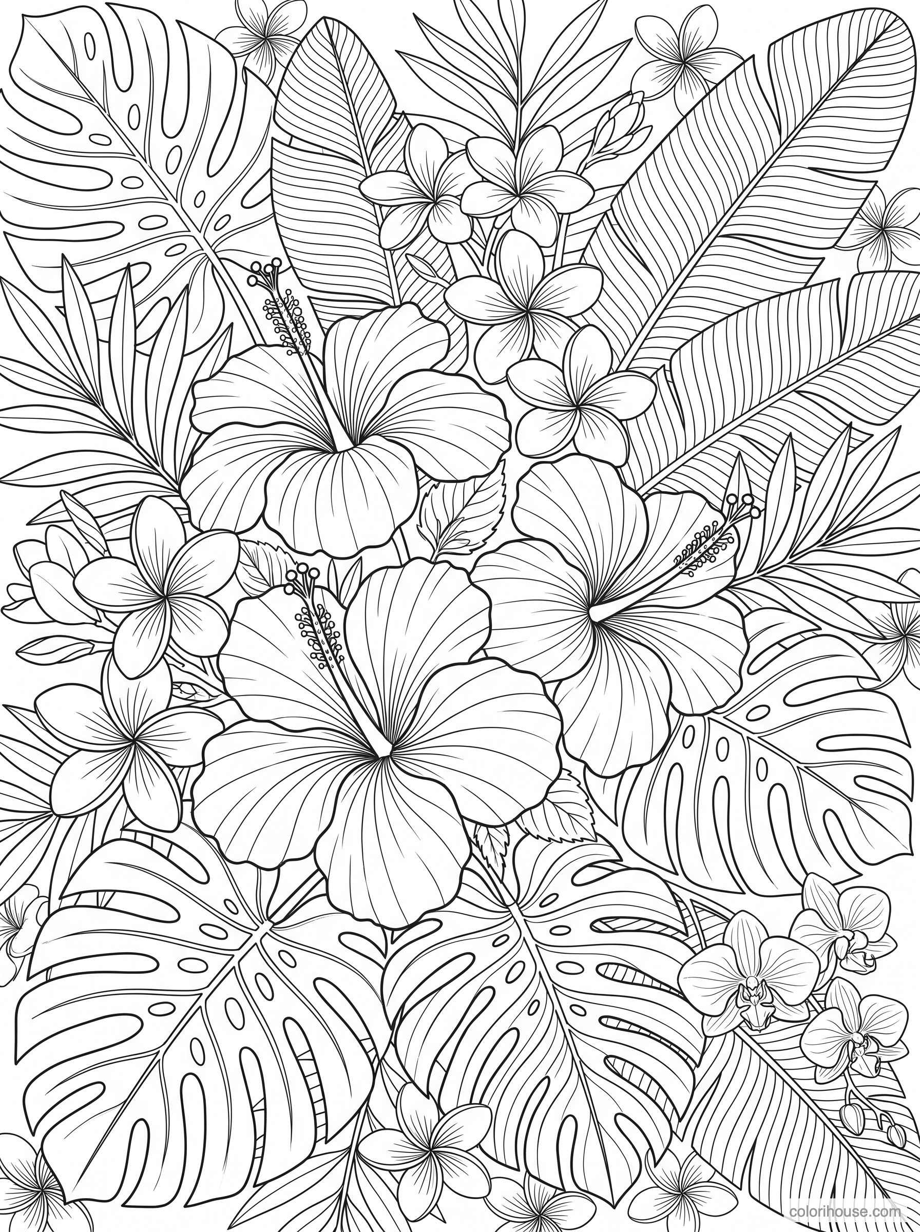 Lush Tropical Flowers and Leaves coloring page