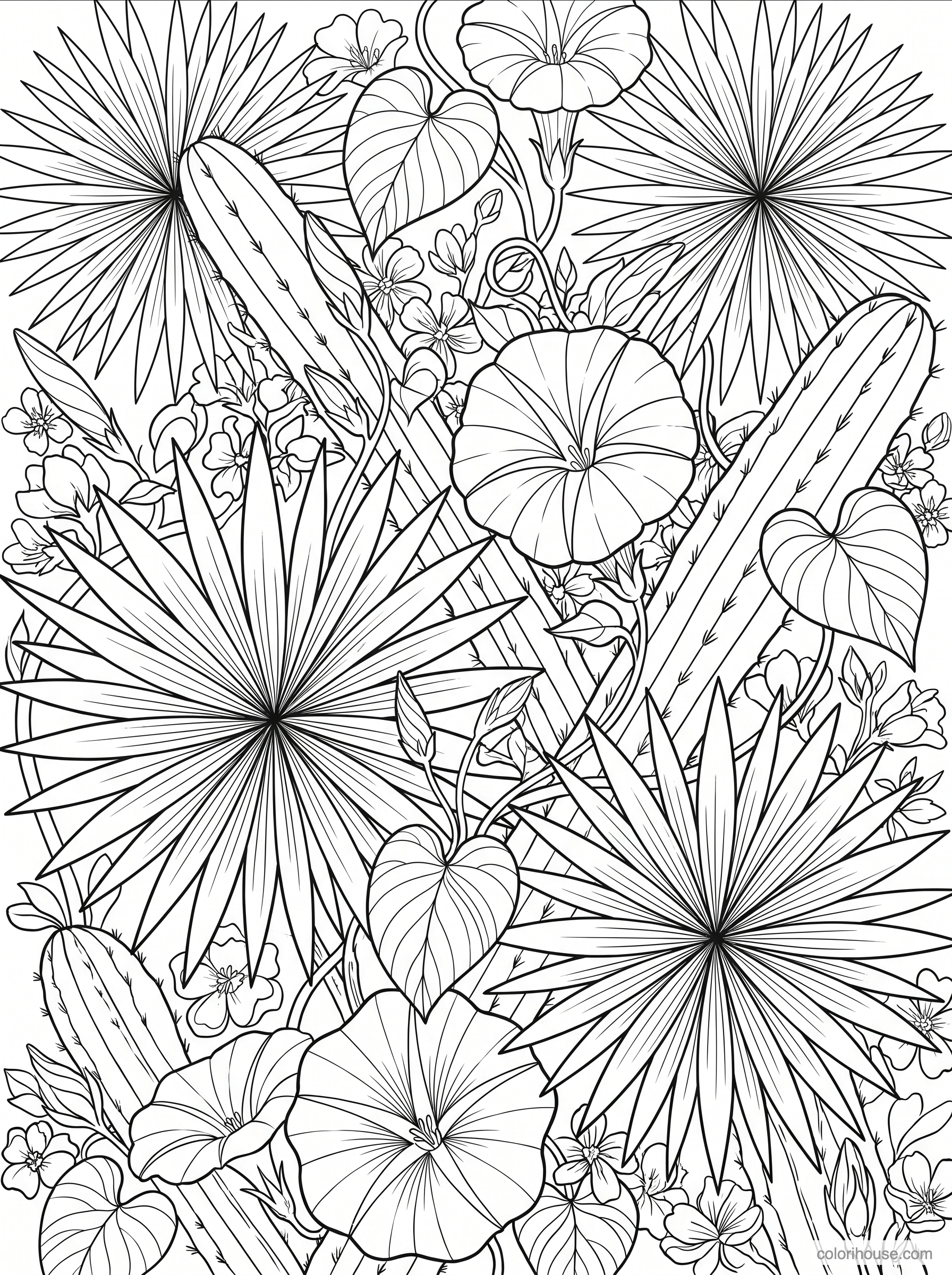 Lush Flowers and Fan Palms coloring page