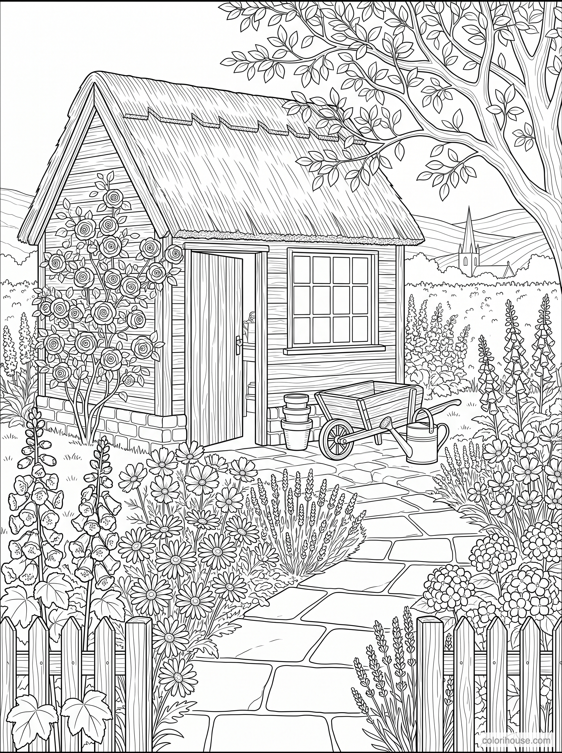 Cozy Shed in a Flower Garden coloring page