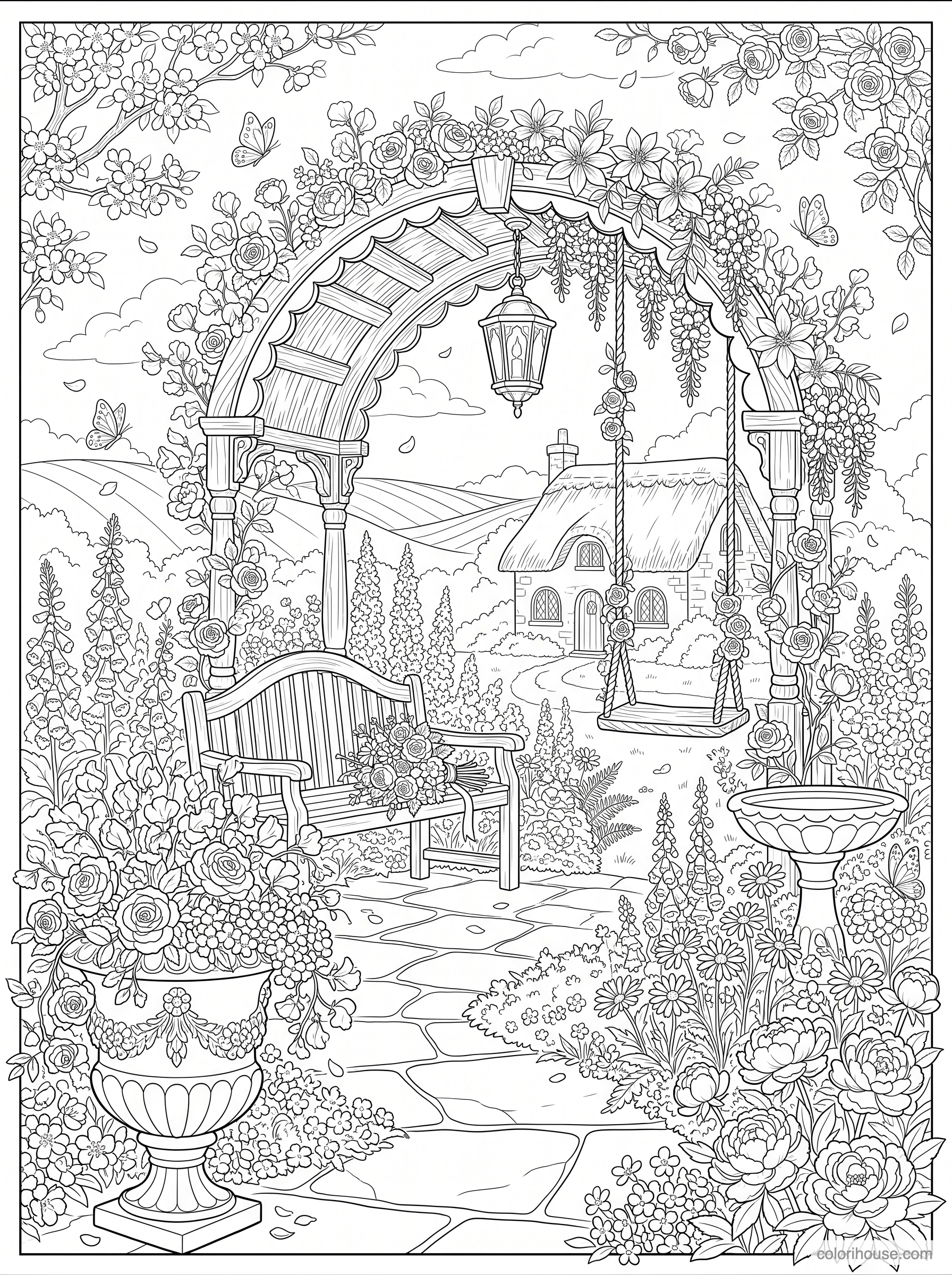 Peaceful Cottage Garden Swing coloring page