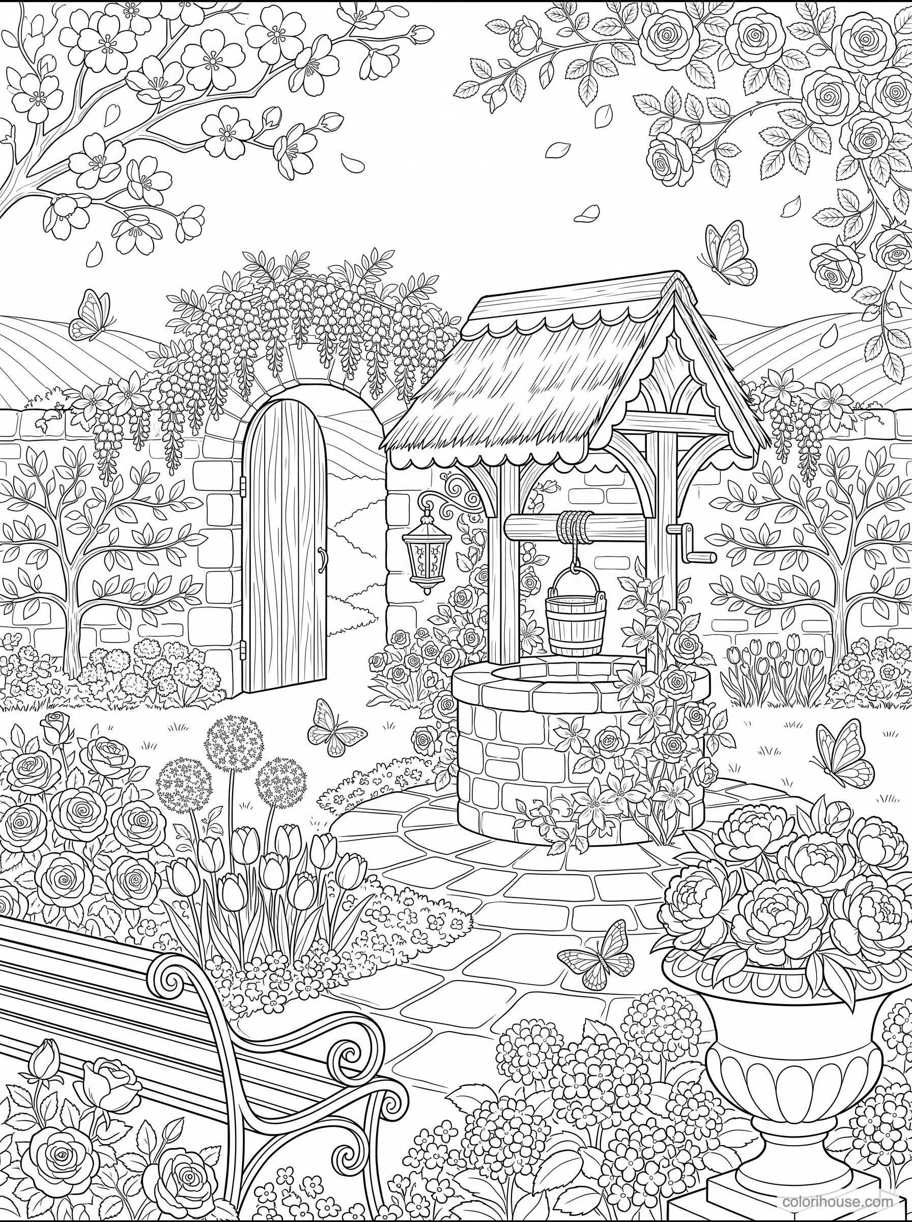 Garden Well Among Flowers coloring page