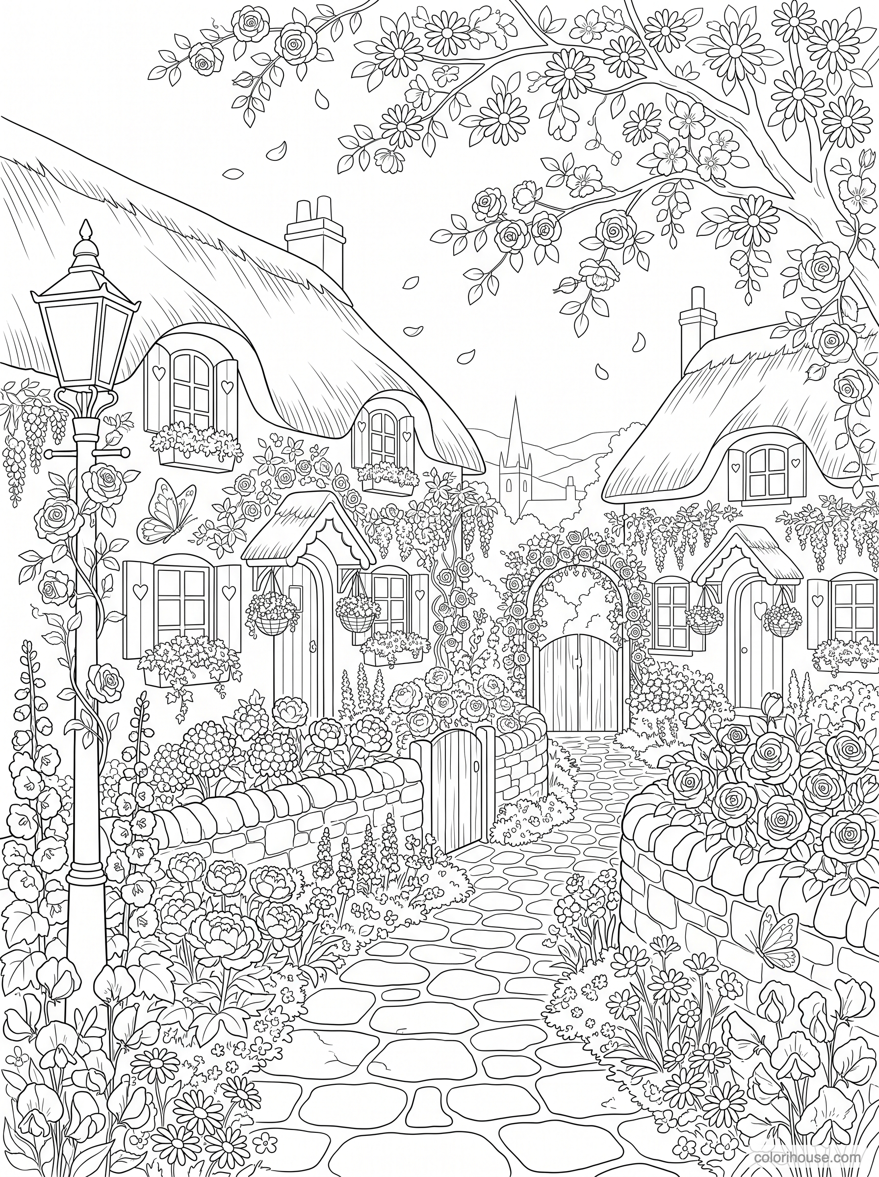 Flower-Filled Cottage Lane coloring page
