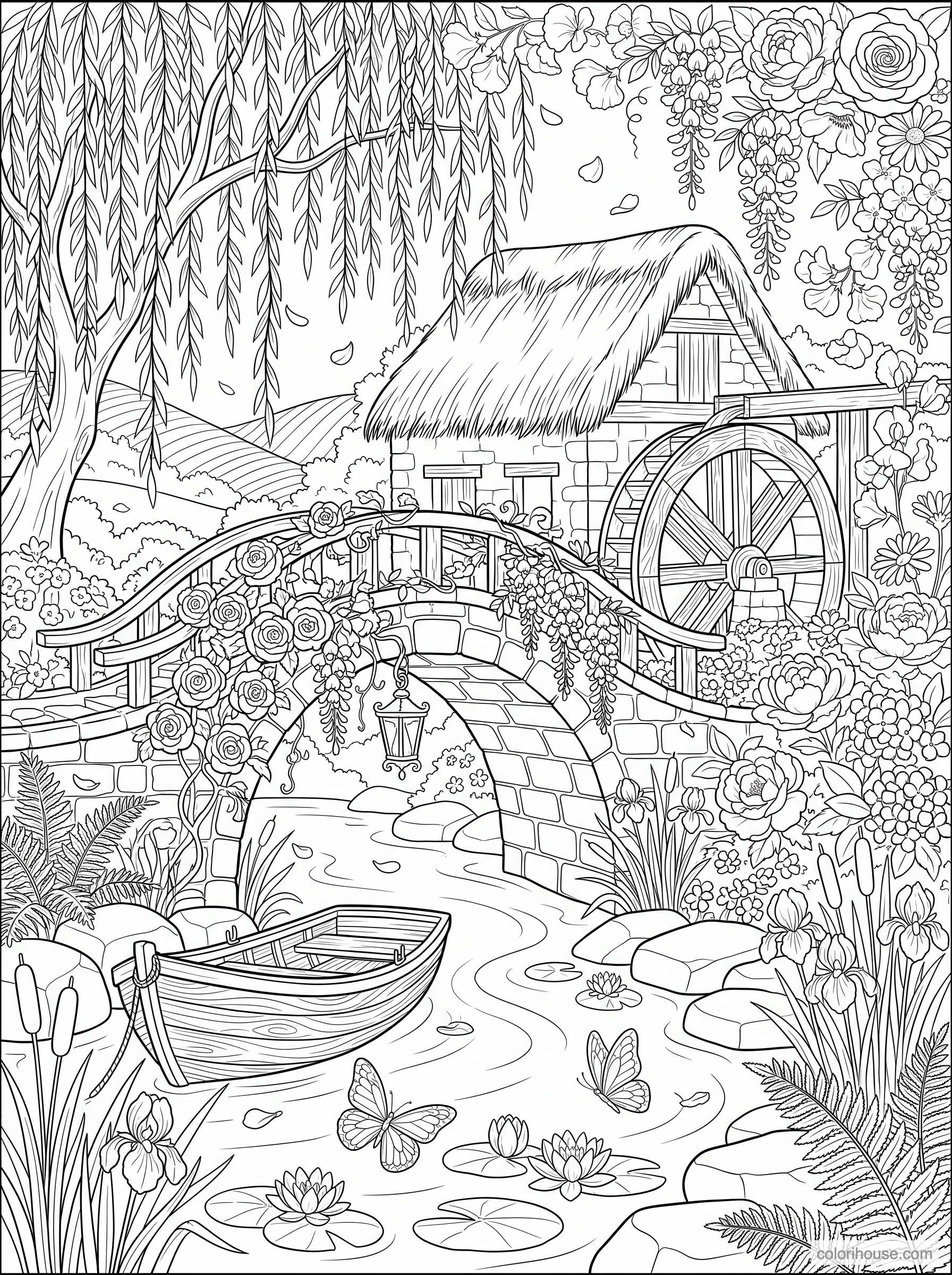 Quiet Watermill and Flower Bridge coloring page