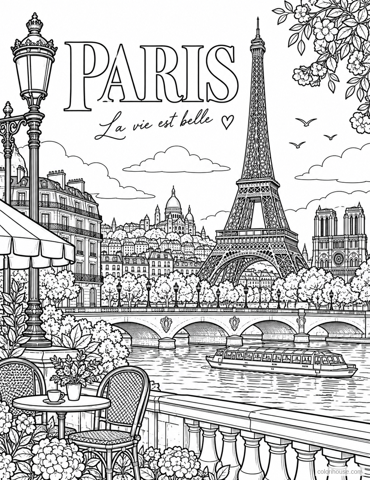 Paris Skyline From a Riverside Café coloring page