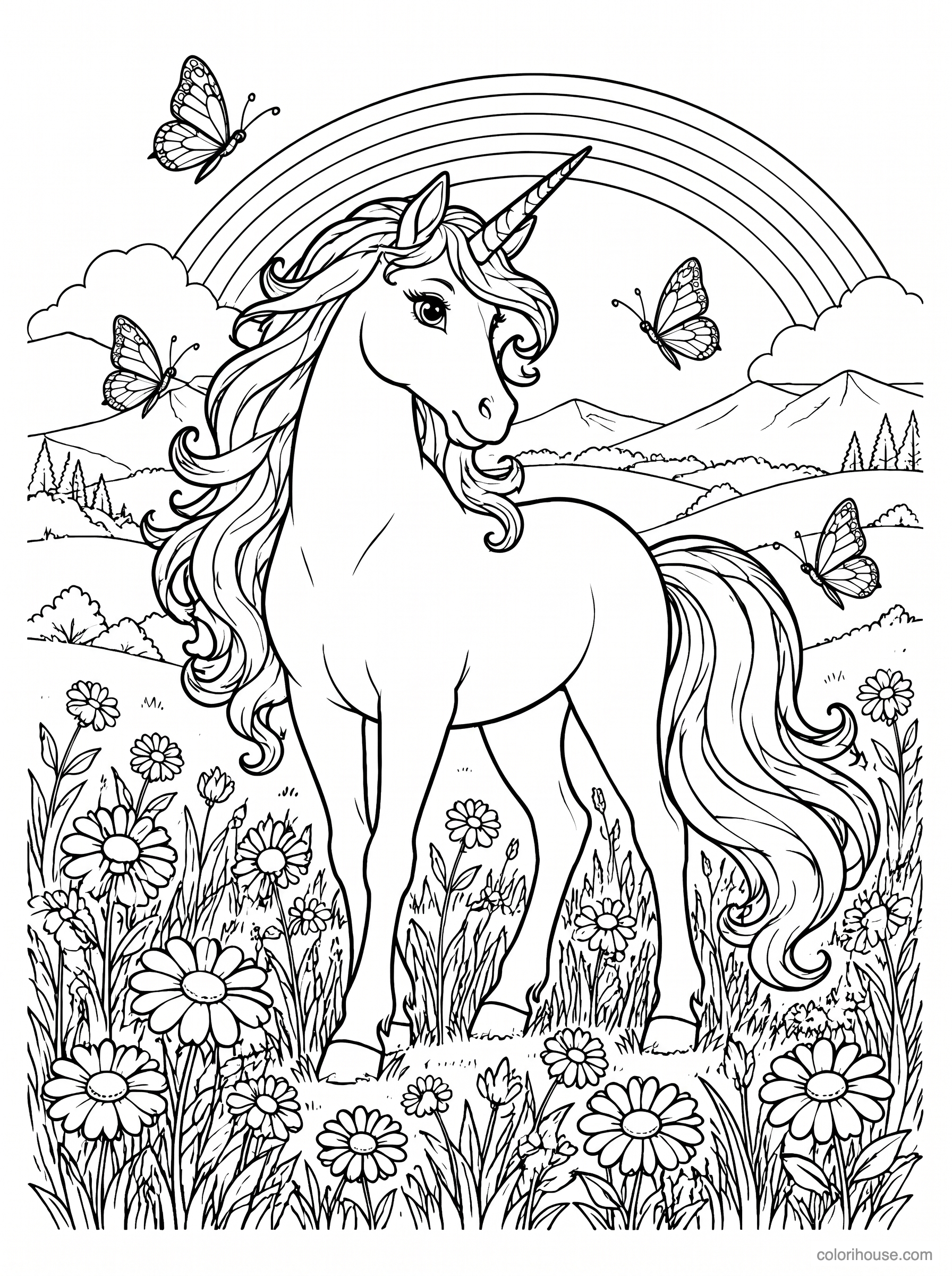 Unicorn in the Meadow coloring page